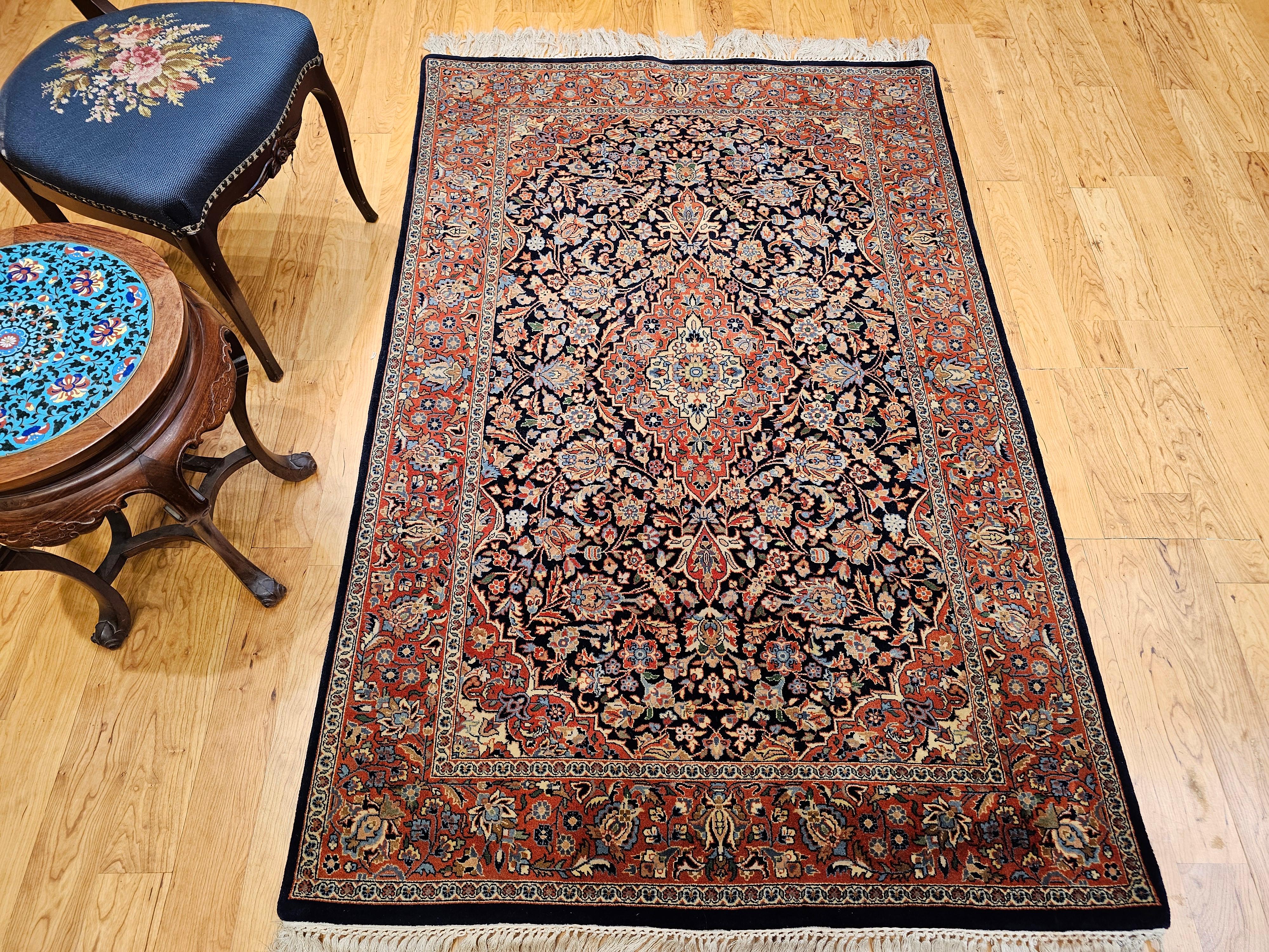 Persischer Kashan-Teppich im Vintage-Stil mit Blumenmuster in Marineblau, Ziegelstein, Blau, Grün im Angebot 9
