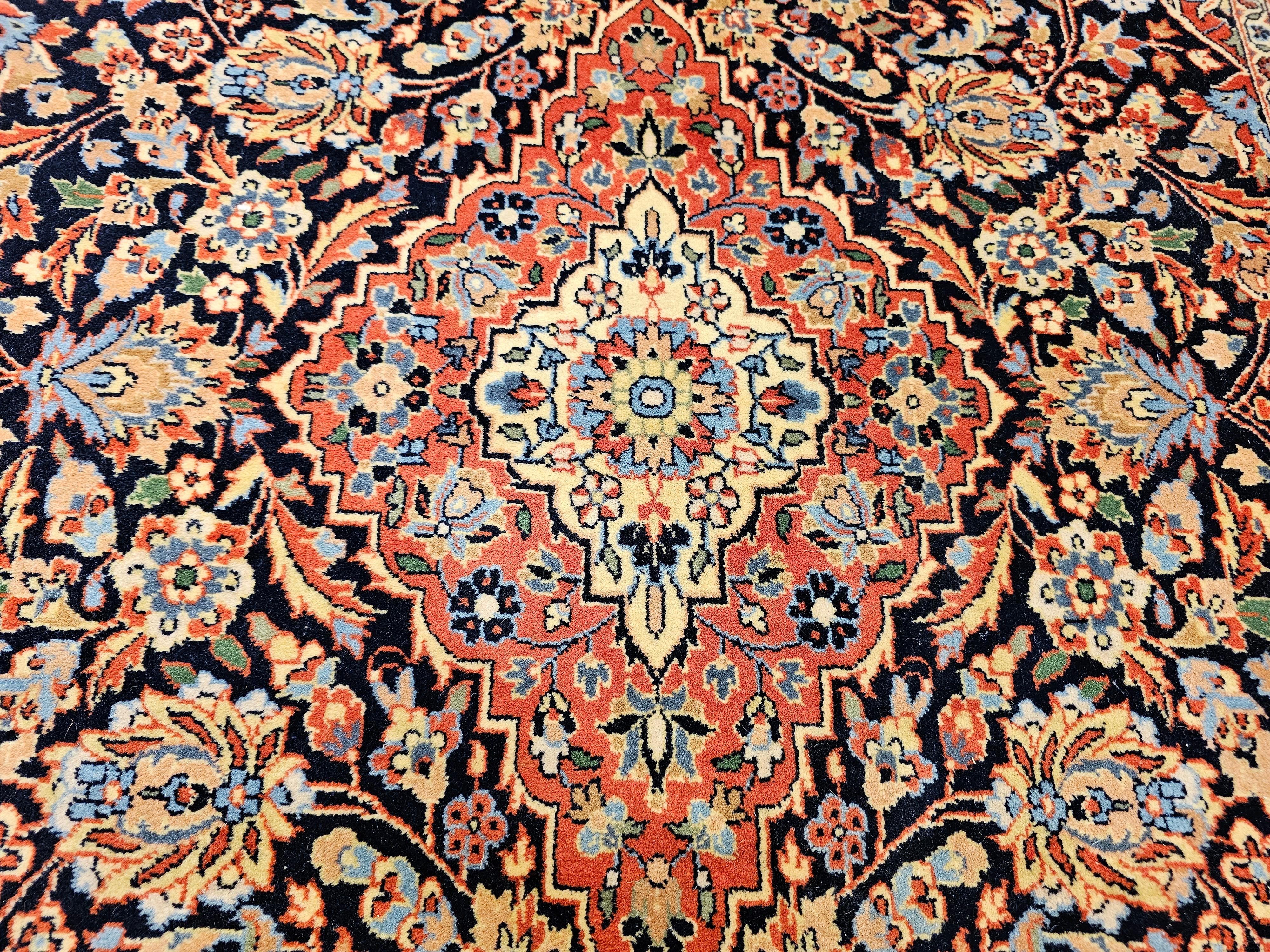 Persischer Kashan-Teppich im Vintage-Stil mit Blumenmuster in Marineblau, Ziegelstein, Blau, Grün im Angebot 2