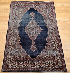 Vintage Persian Kashan Area Rug, Hand-Knotted Wool, Navy, Ivory