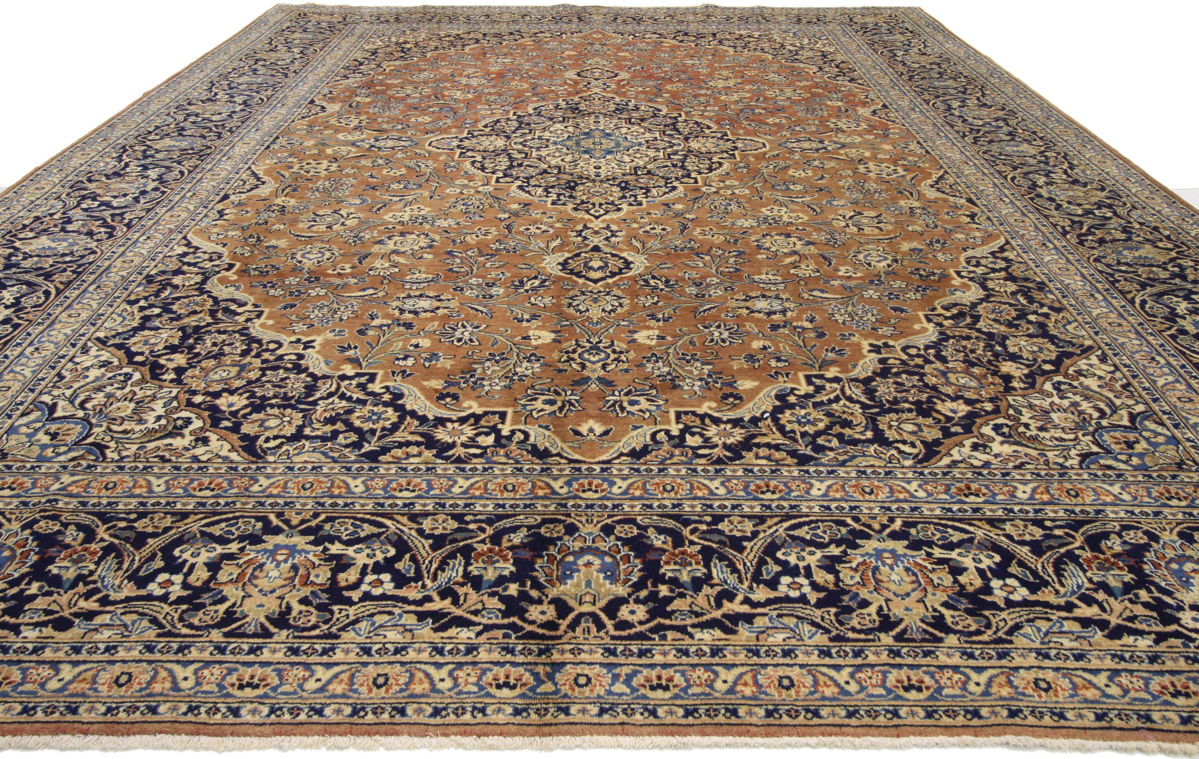76325, vintage Persian Kashan area rug with traditional style. This hand-knotted wool vintage Persian Kashan area rug with traditional style features a lobed and stepped tricolor diamond medallion flanked with palmette finials surrounded by an