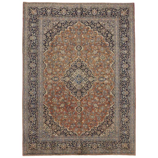 Traditional Line Rugs Vintage Persian Kashan Style Wool and Silk 300 Line Rug with ...