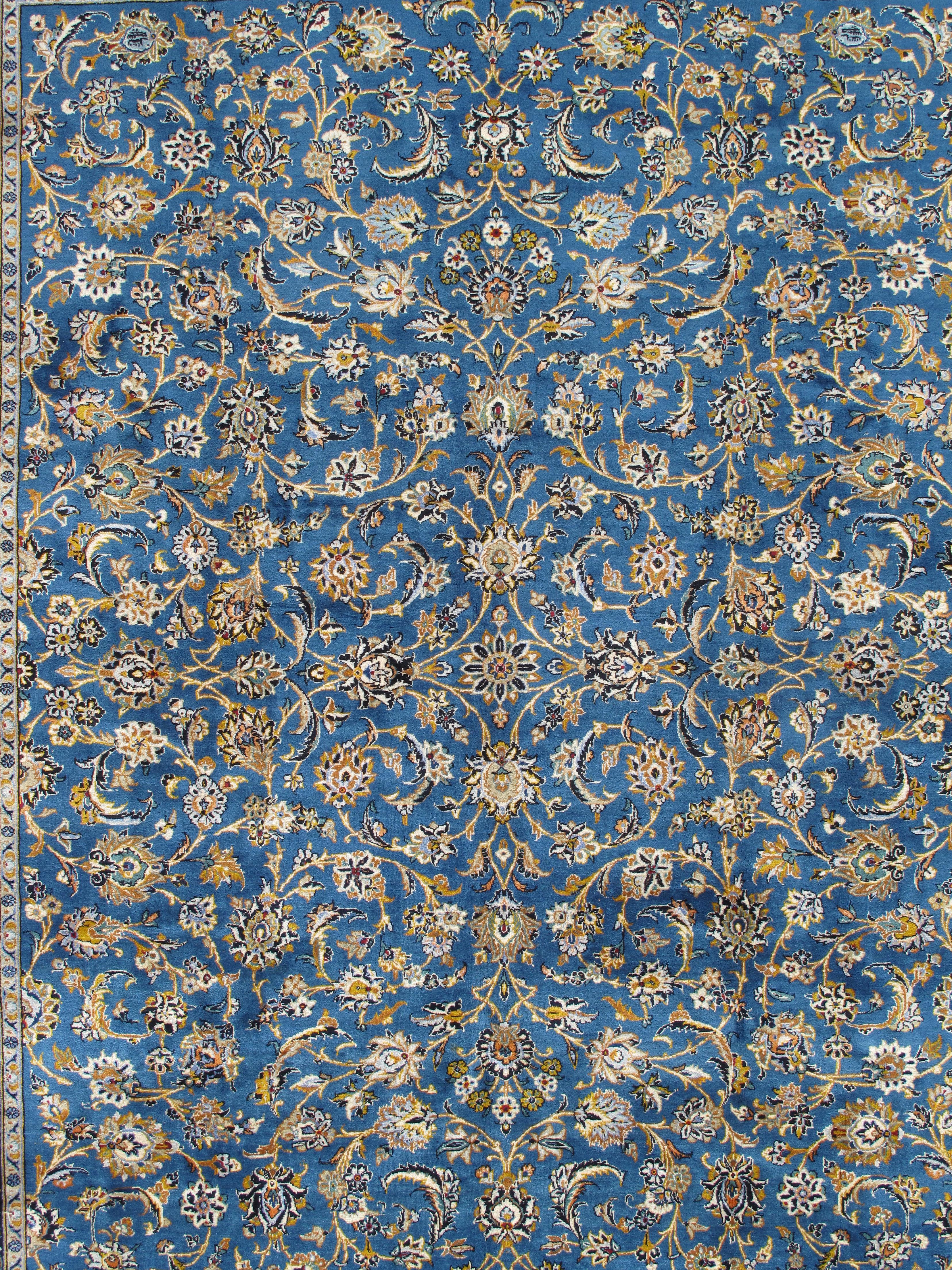 Lana Tappeto persiano d'epoca Kashan, Tappeto fatto a mano blu reale, blu marino, marrone scuro, in ottime condizioni in vendita