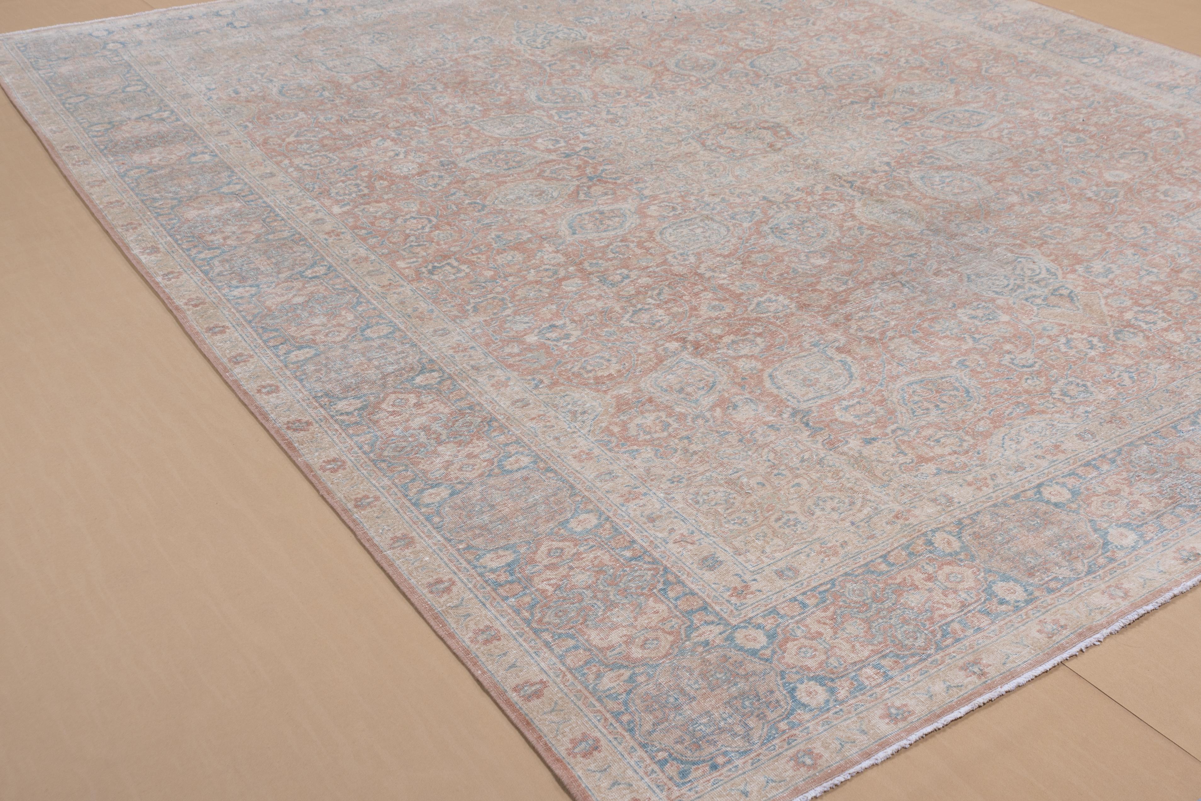 Hand-Knotted Vintage Persian Kashan Carpet with a Salmon Field and Blue Borders For Sale