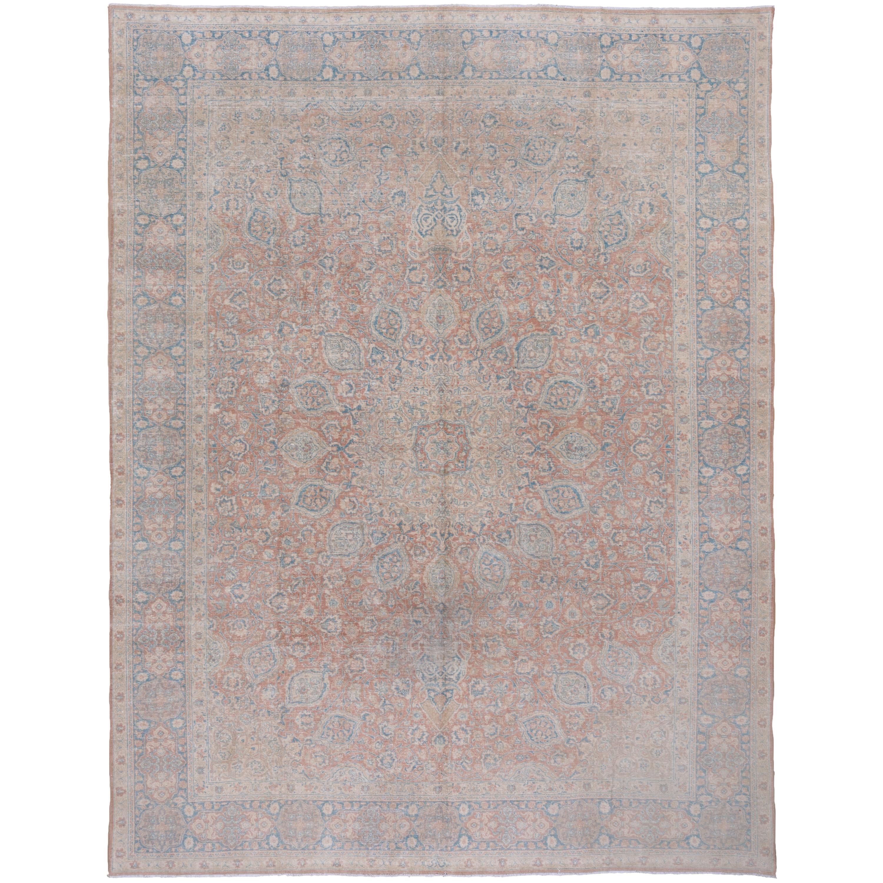 Vintage Persian Kashan Carpet with a Salmon Field and Blue Borders For Sale