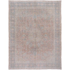 Vintage Persian Kashan Carpet with a Salmon Field and Blue Borders