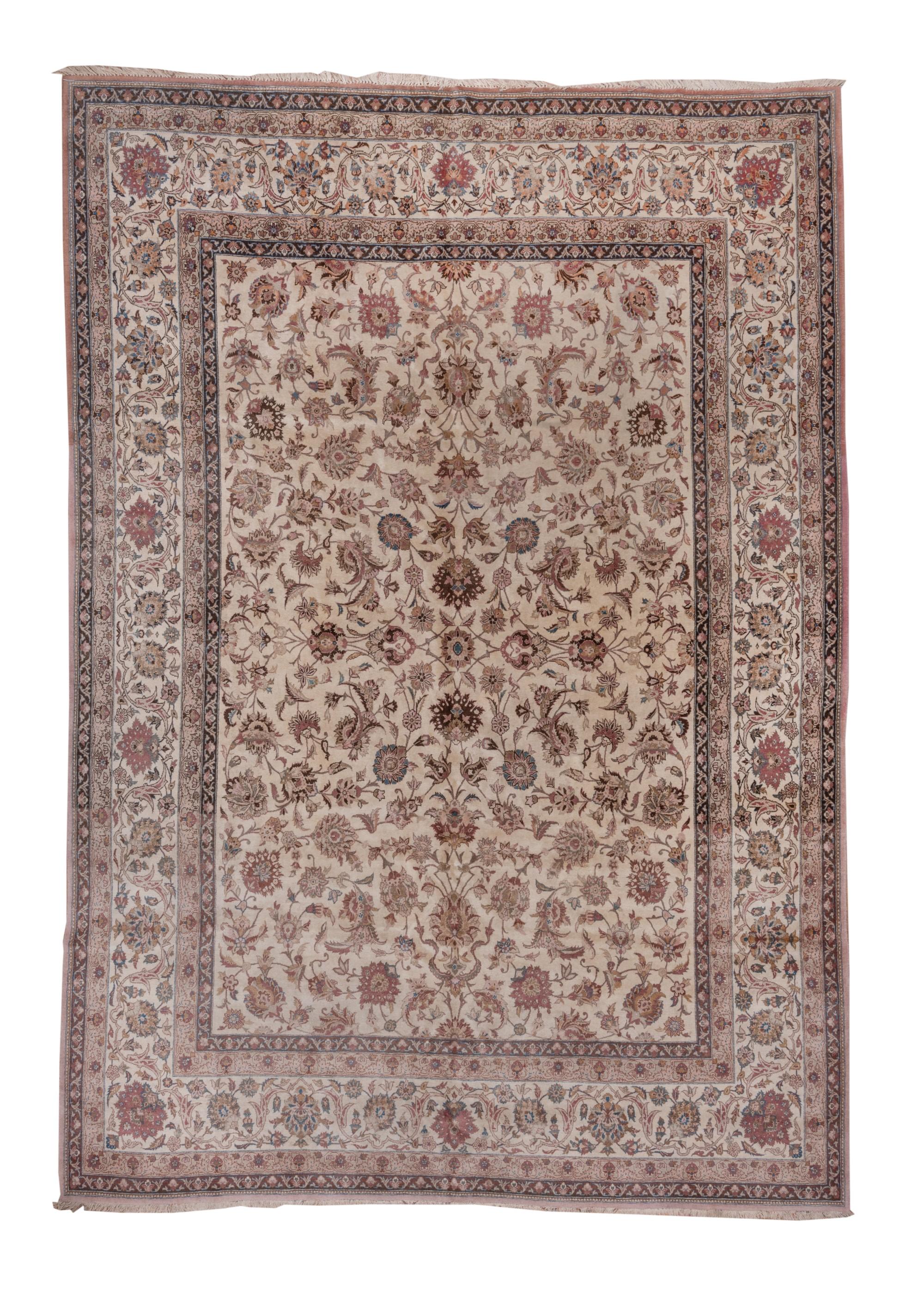 This finely knotted, Persian room size shows an ivory field with a centralized design mid-scale design of palmettes, sickle leaves and vinery, all around a rosette enclosed by an open concave diamond. Powder border with tilted oval palmettes and