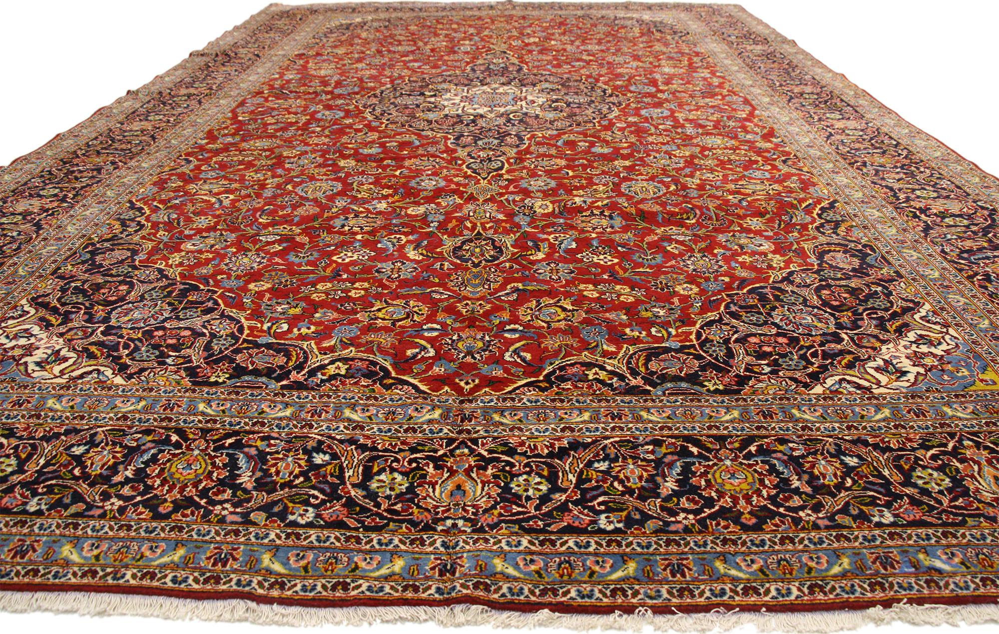 Jacobean Vintage Persian Kashan Rug, Traditional Sensibility Meets Stately Decadence For Sale