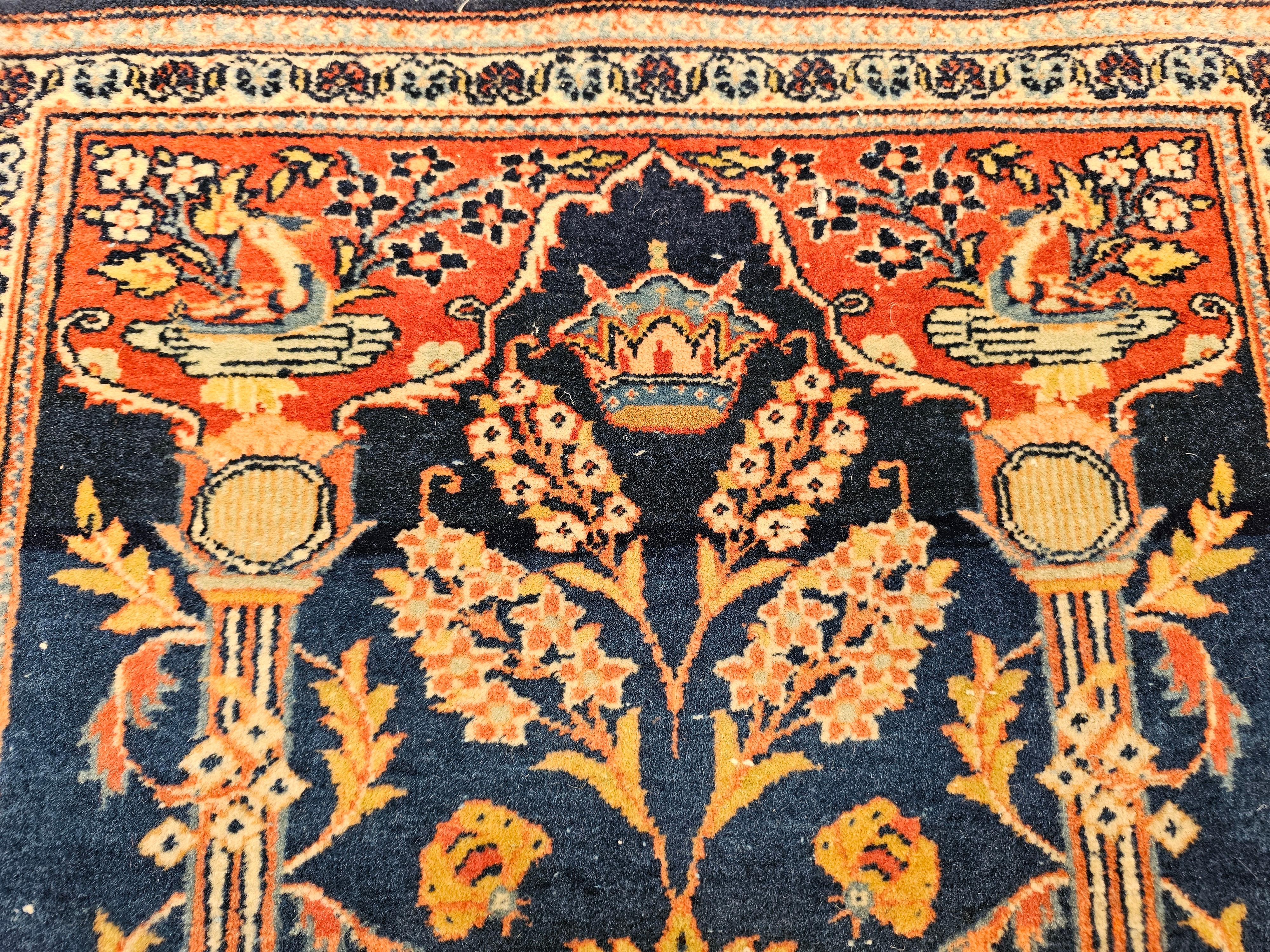 Kashan persan vintage dans un motif de vase avec couronne royale persane en bleu, rouge en vente 3