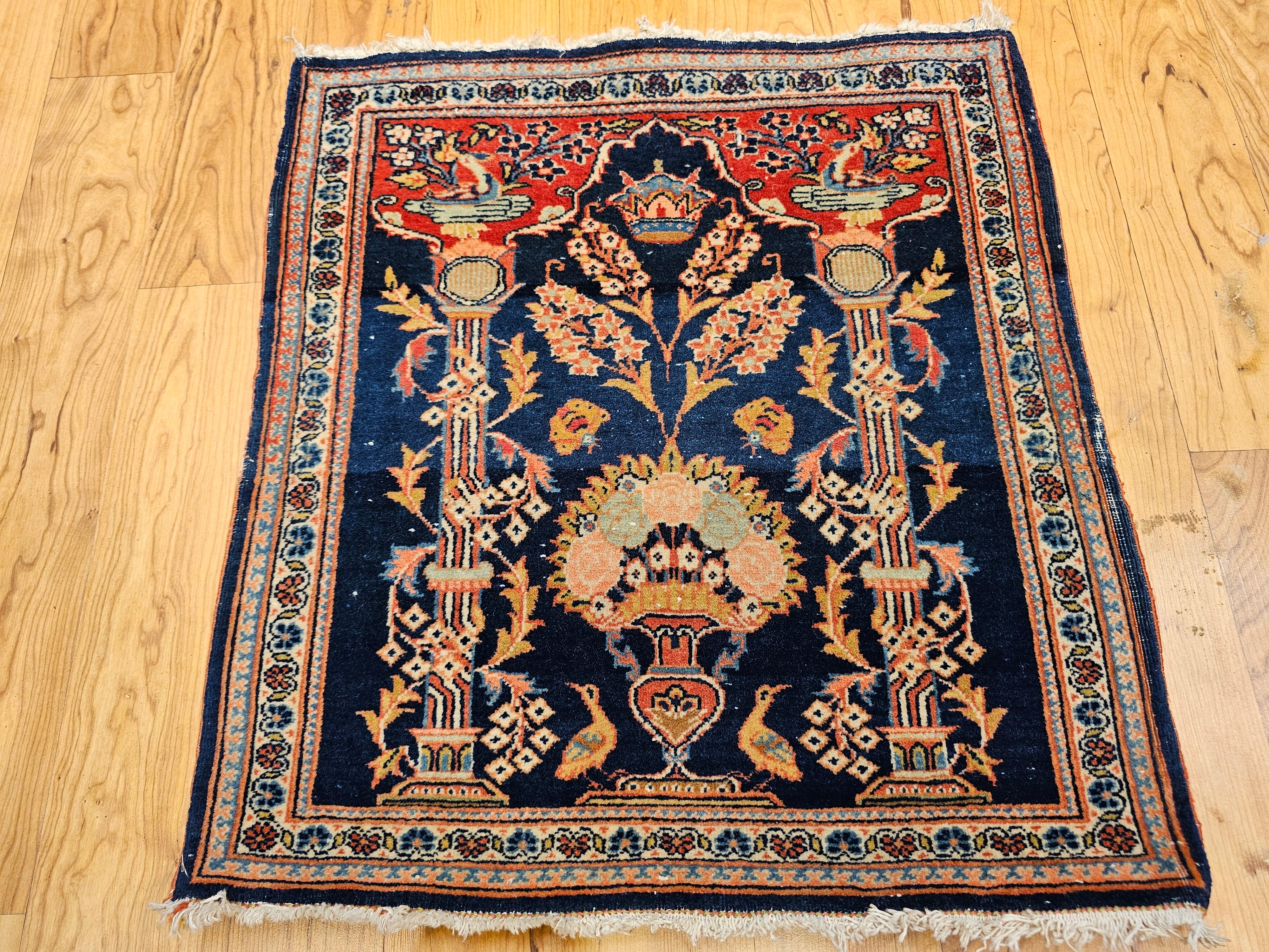 Kashan persan vintage dans un motif de vase avec couronne royale persane en bleu, rouge en vente 6