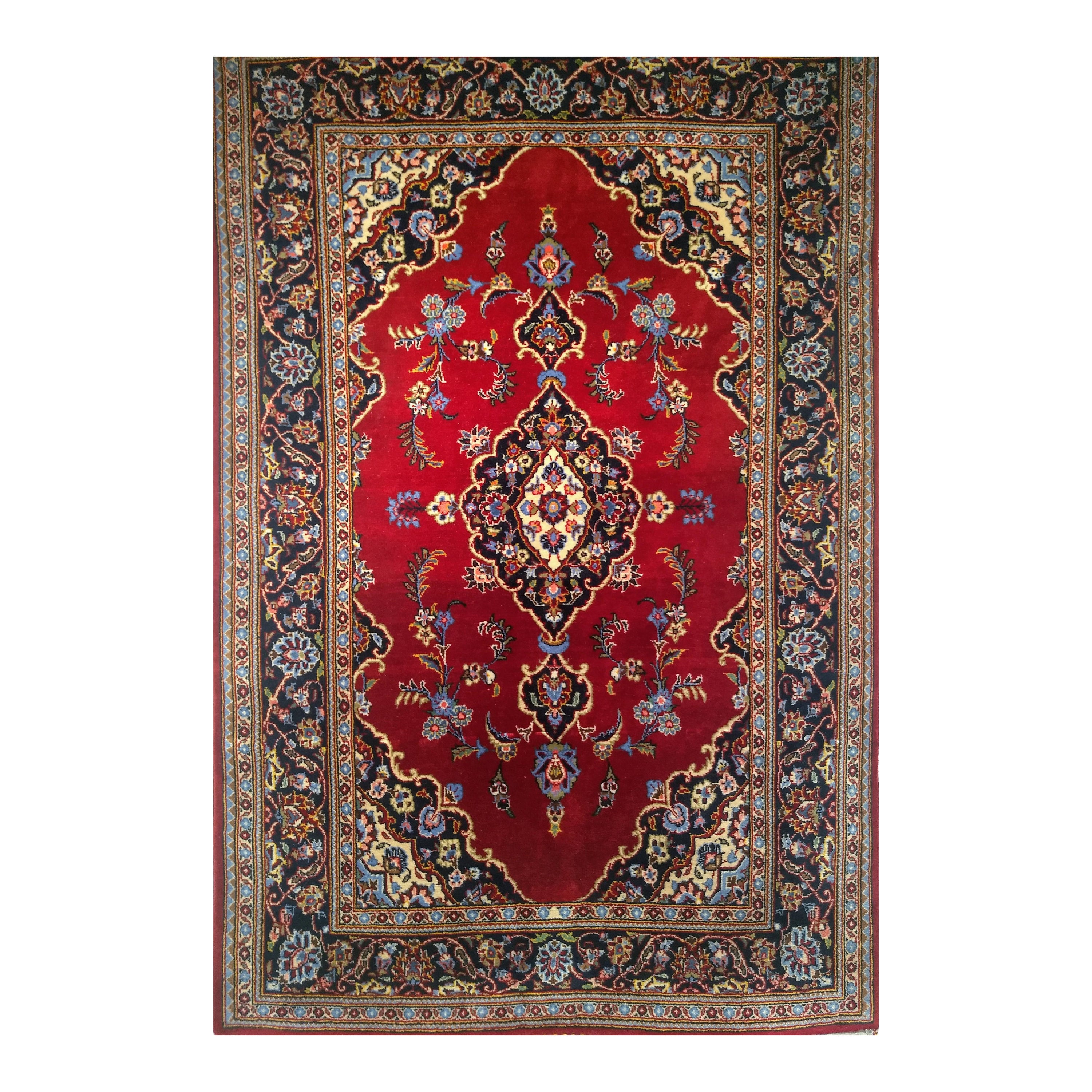 Kashan persiano d'epoca con motivi floreali in rosso, blu bambino, avorio e blu scuro.