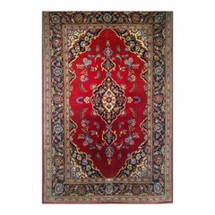 Kashan persan à motif floral rouge, bleu pâle, ivoire, bleu marine