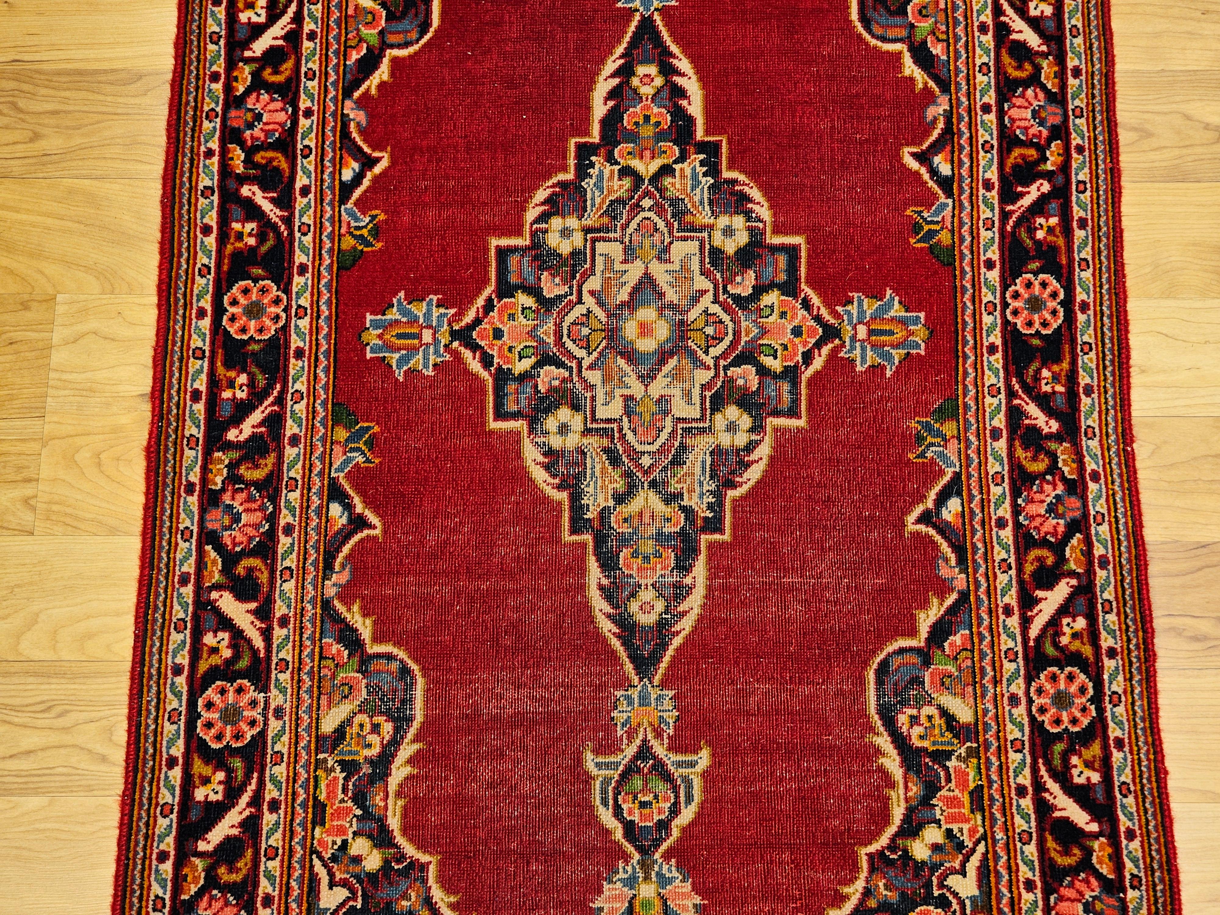 Vintage Persian Kashan Area Rug in Open Field Pattern in Red, Navy In Good Condition For Sale In Barrington, IL