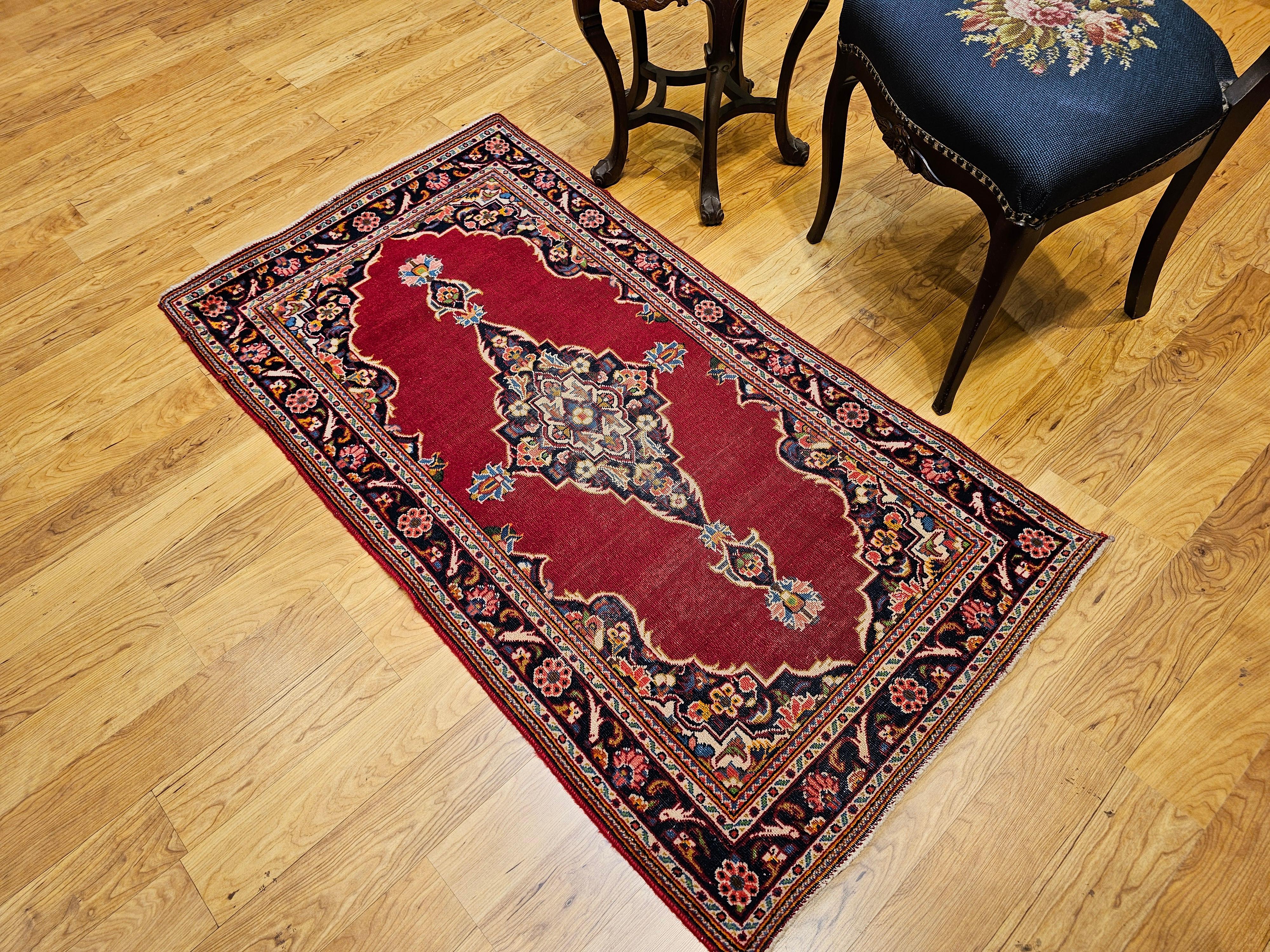 Wool Vintage Persian Kashan Area Rug in Open Field Pattern in Red, Navy For Sale