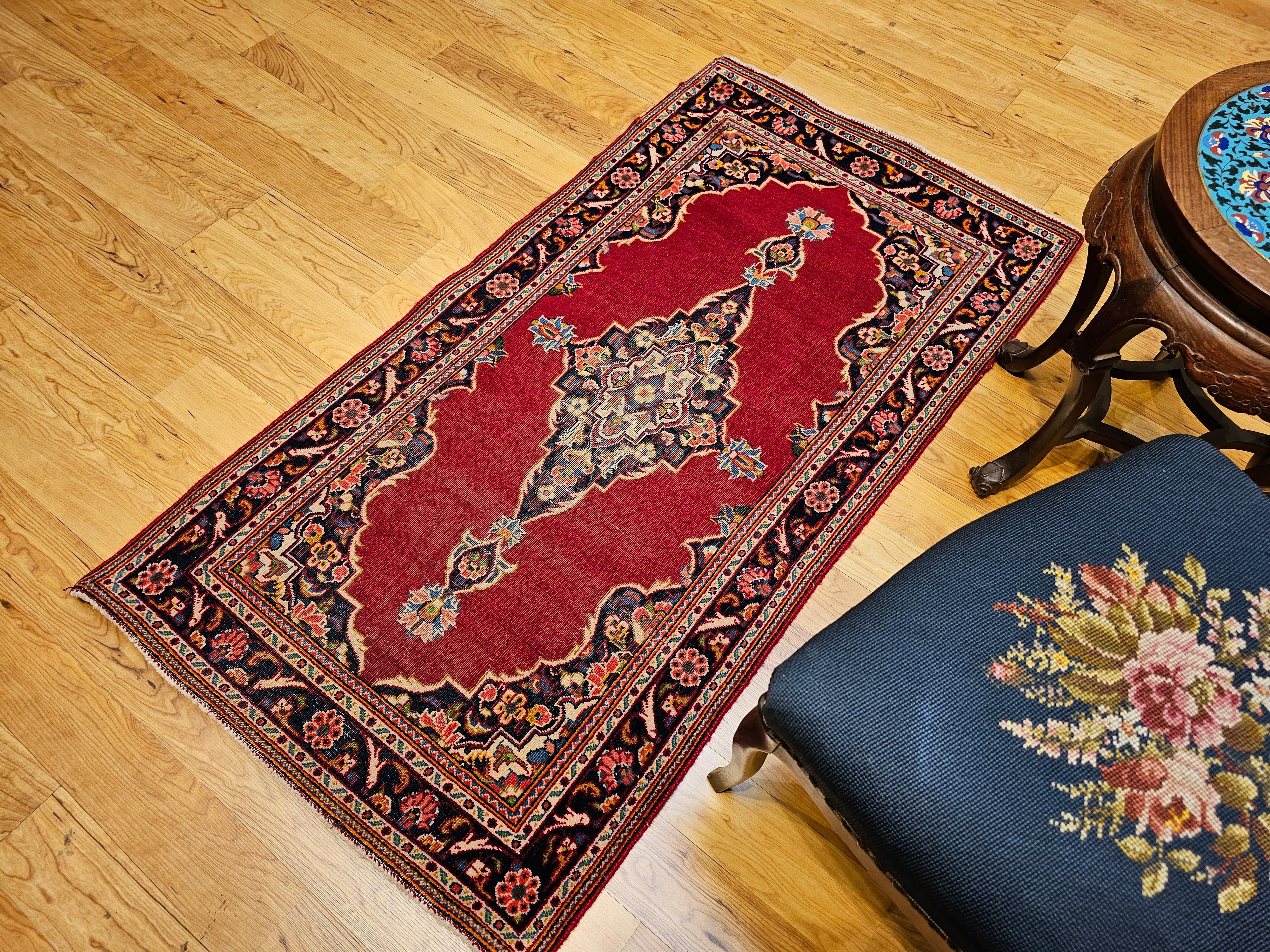 Vintage Persian Kashan Area Rug in Open Field Pattern in Red, Navy For Sale 2