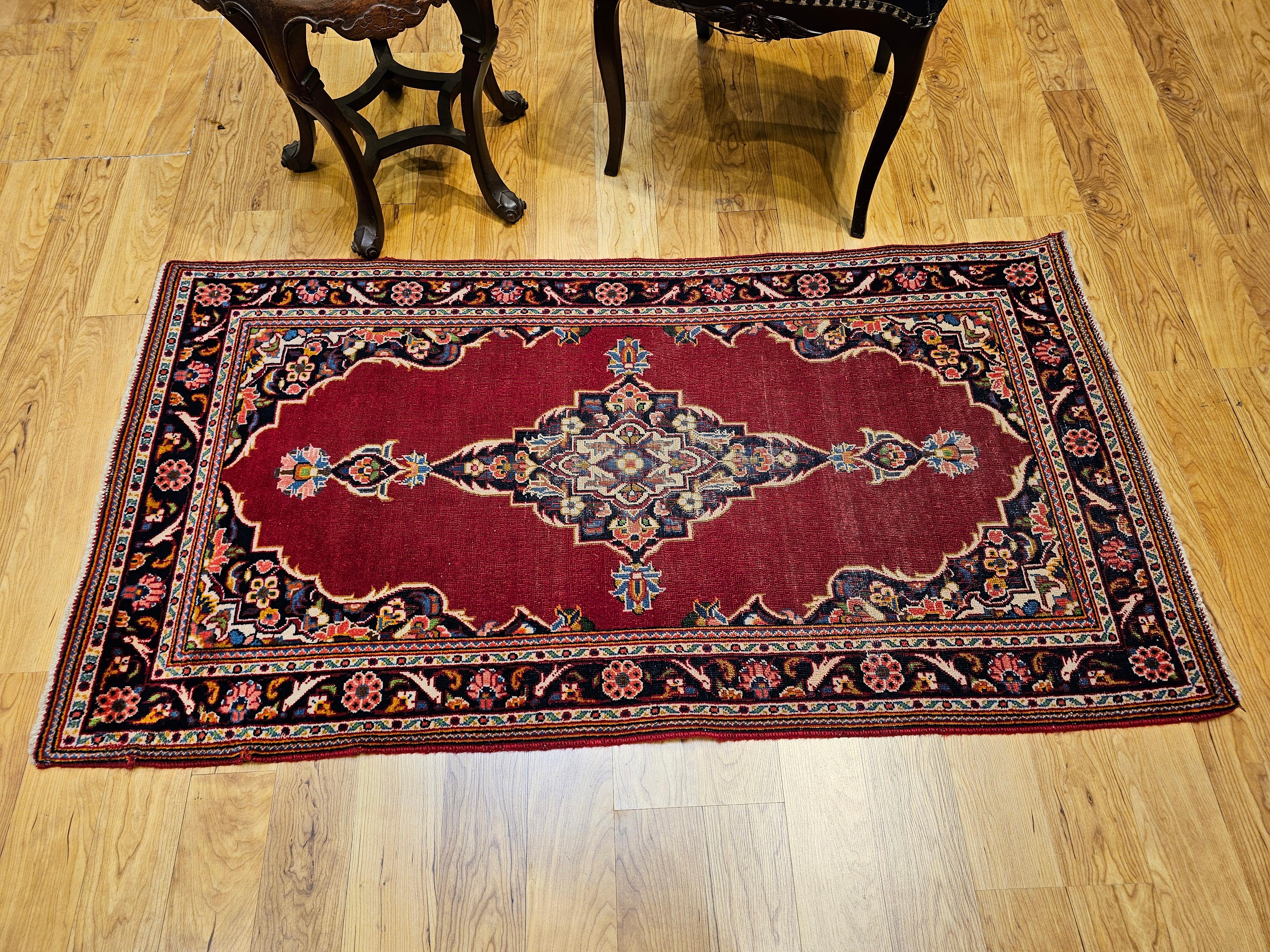 Vintage Persian Kashan Area Rug in Open Field Pattern in Red, Navy For Sale 3