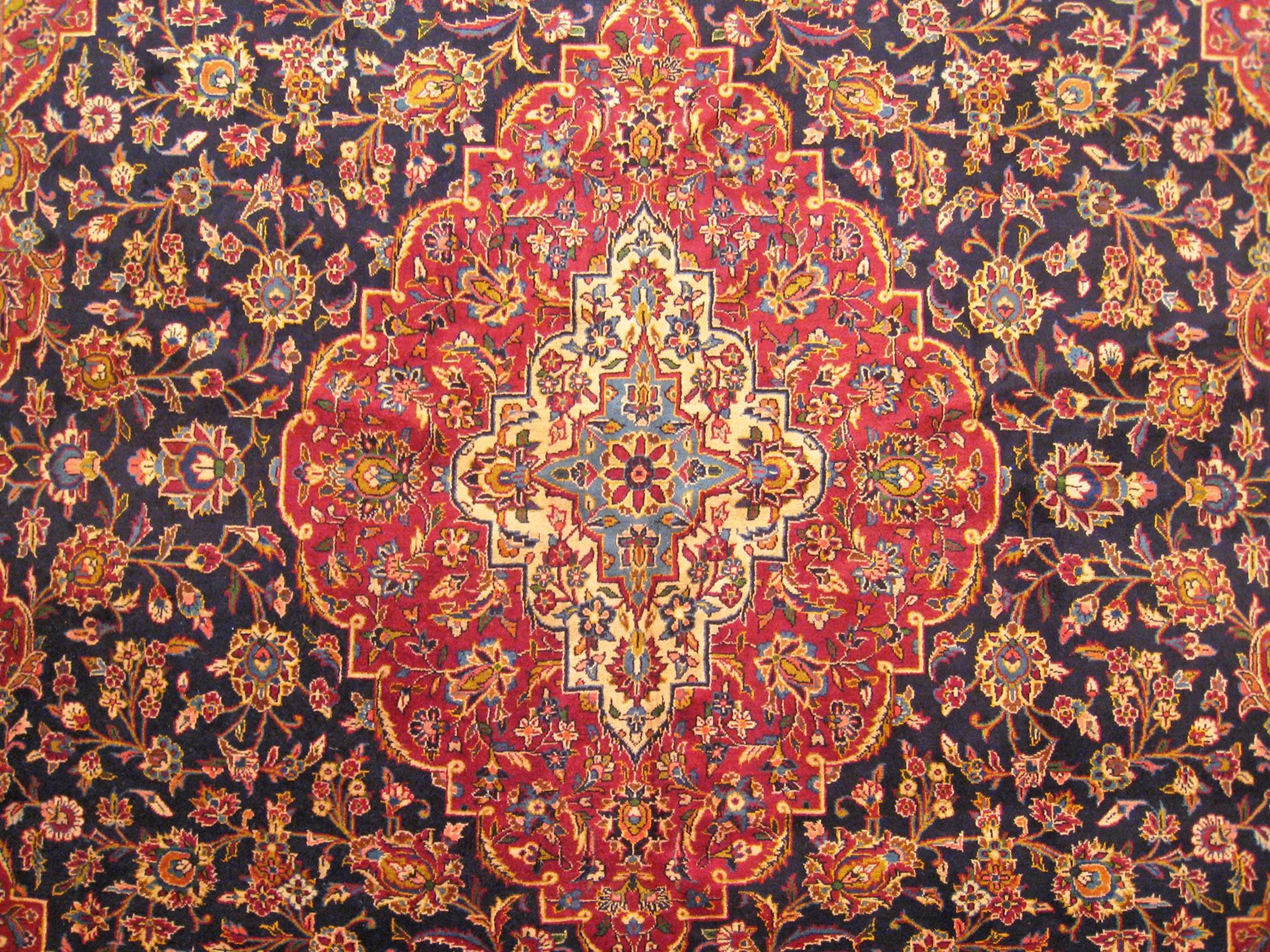 Wool Vintage Persian Kashan Oriental Carpet, in Room size, with Central Medallion