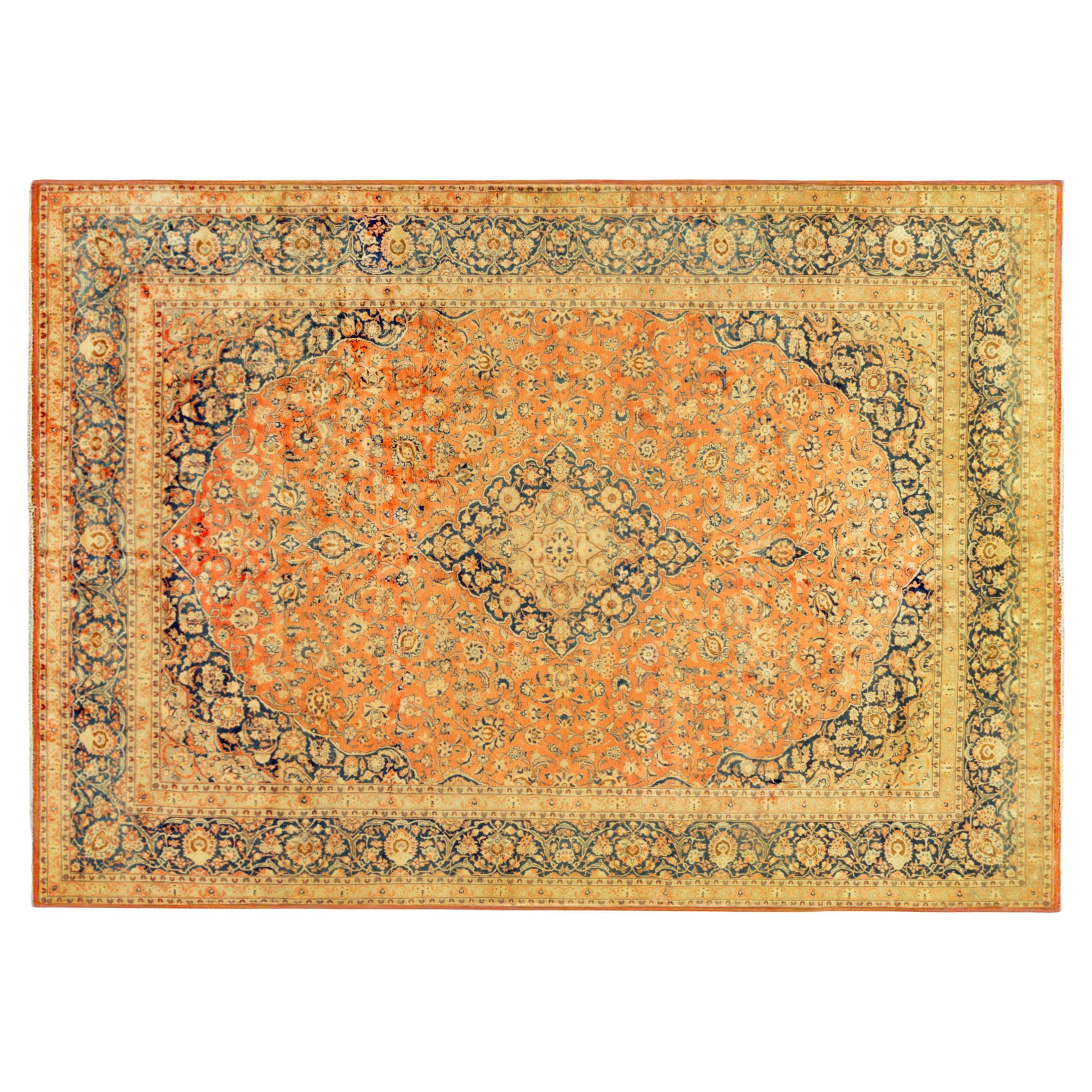 Persischer Kashan- Orientalischer Teppich im Vintage-Stil, mit Medaillon und weichen Farben
