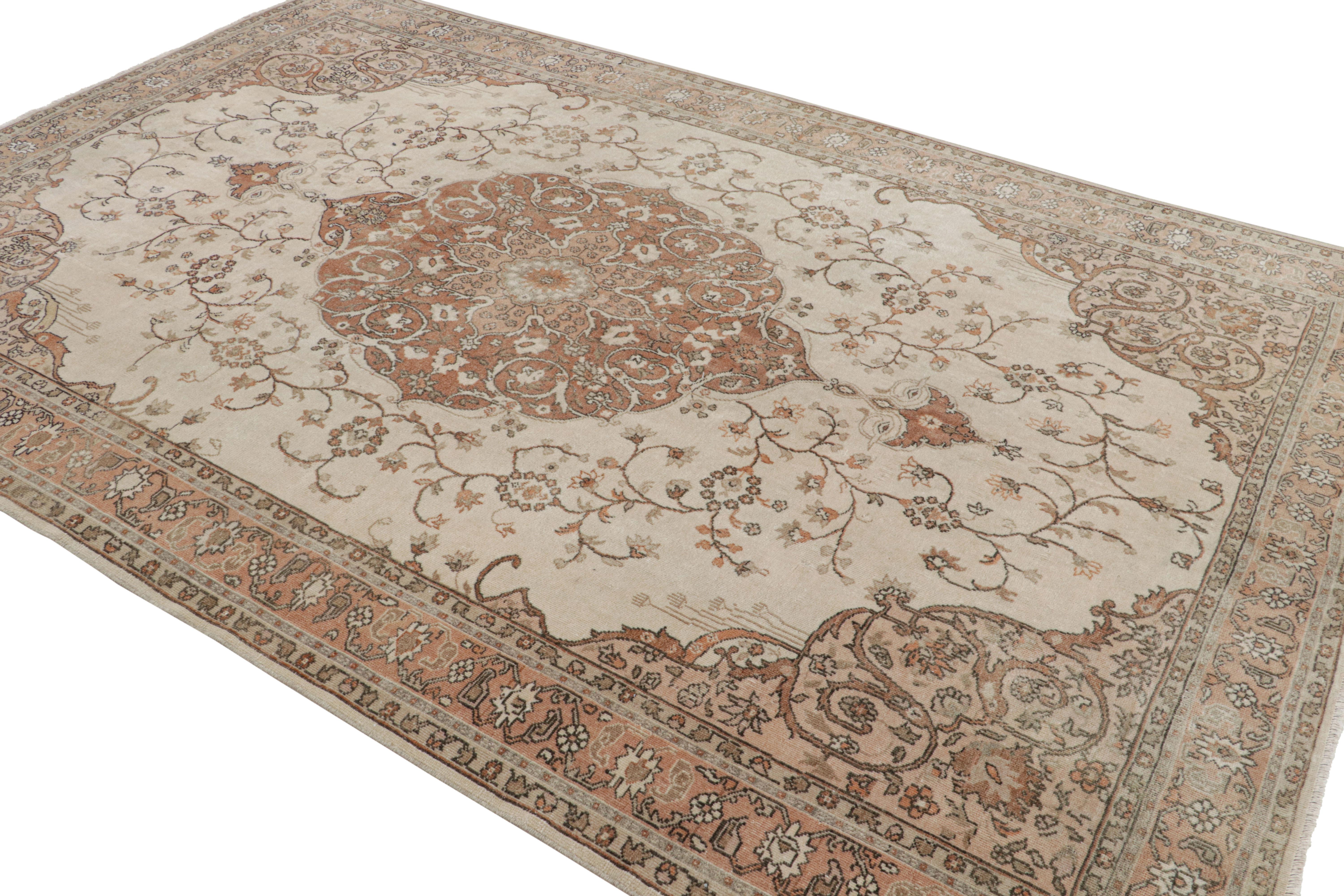 Hand-Knotted Vintage Persian Kashan Rug, Beige-Brown and Blue Floral Medallion - Rug & Kilim For Sale