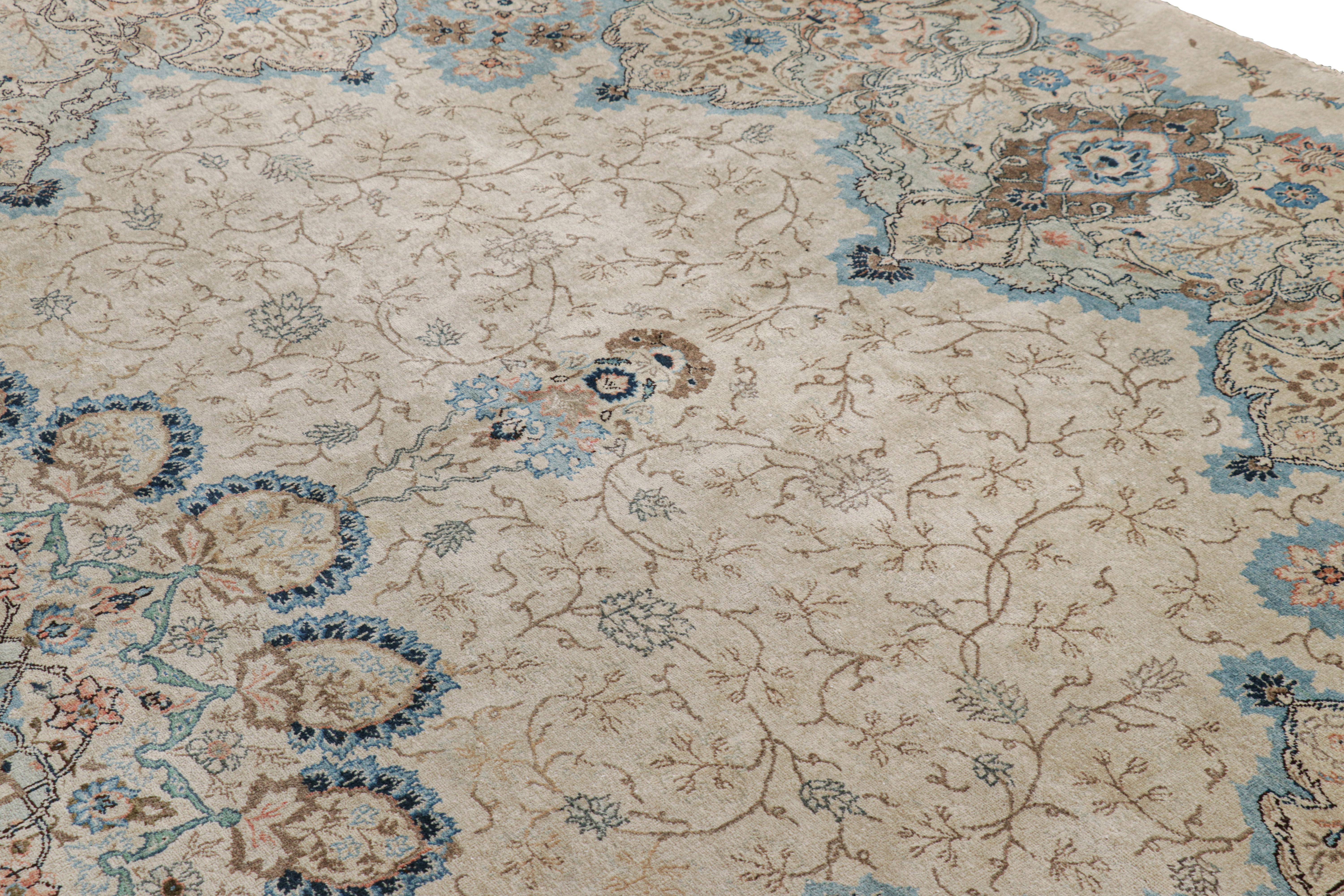 Wool Vintage Persian Kashan Rug, Beige-Brown and Blue Floral Medallion - Rug & Kilim