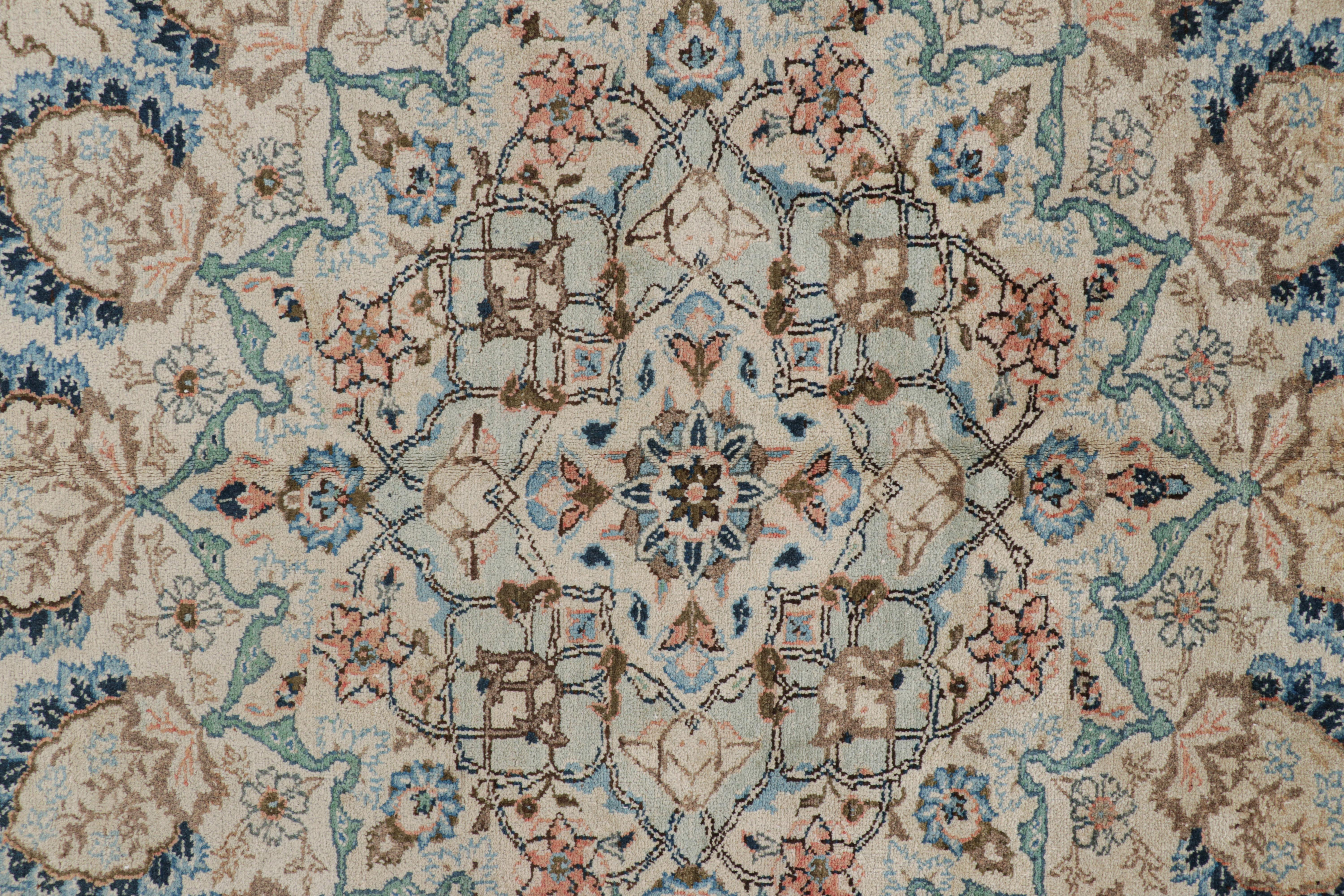 Vintage Persian Kashan Rug, Beige-Brown and Blue Floral Medallion - Rug & Kilim 1