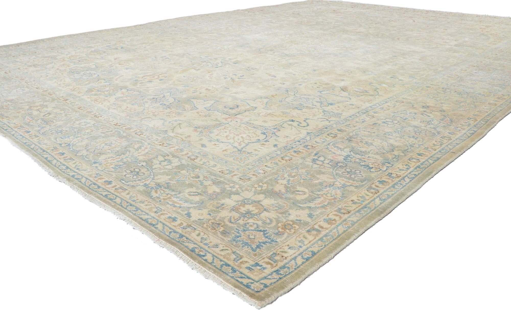 61129 Distressed Vintage Persian Kashan Rug, 09'00 x 12'09.

In the realm of time-honored elegance, this hand-knotted wool vintage Persian Kashan rug emerges as a tribute to the venerable legacy of ancient craftsmanship. Evoking the spirit of bygone