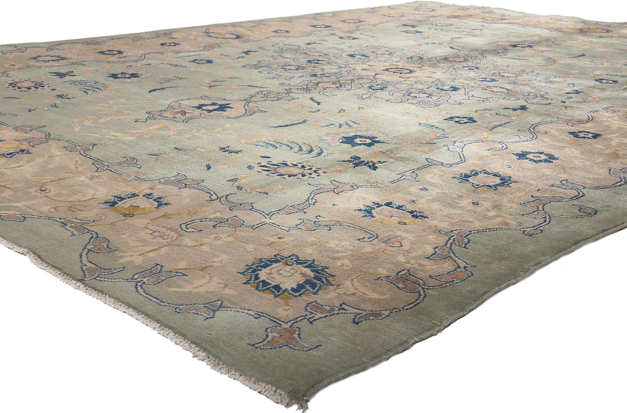 73574 Vintage Persian Kashan Rug, 08'04 x 11'06. 
Gustvian grace meets Neoclassic elegance in this vintage Persian Kashan rug. The delicate floral design and soft colors woven into this piece work together creating an elegant yet cozy atmosphere.