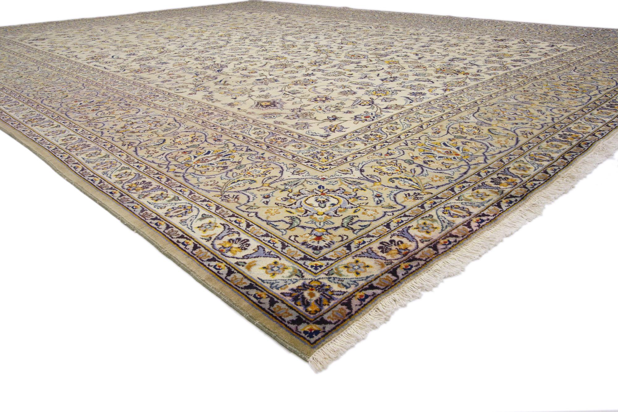 76372 Vintage Persian Kashan Rug, 10'02 x 13'01.
Unveiling an ambiance of timeless elegance and warmth, this hand-knotted wool vintage Persian Kashan rug beckons with refined tranquility. A symphony of sophistication, it showcases an arabesque