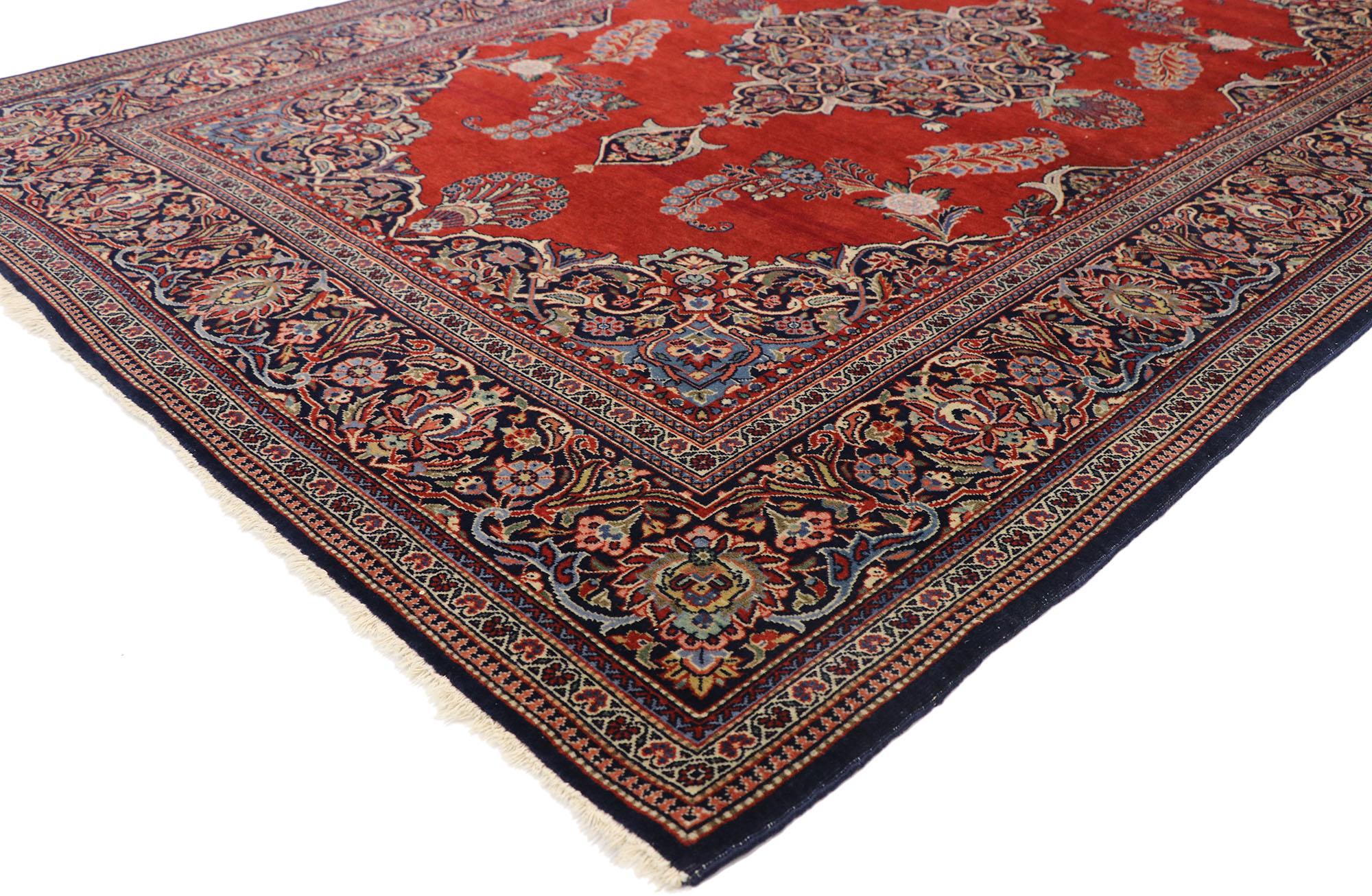 77427 Vintage Persian Kashan Rug with English Jacobean Style. With its striking appeal and saturated color palette, this hand-knotted wool vintage Persian Kashan rug appears like a sumptuous Italian velvet, recalling the rich and luxurious design