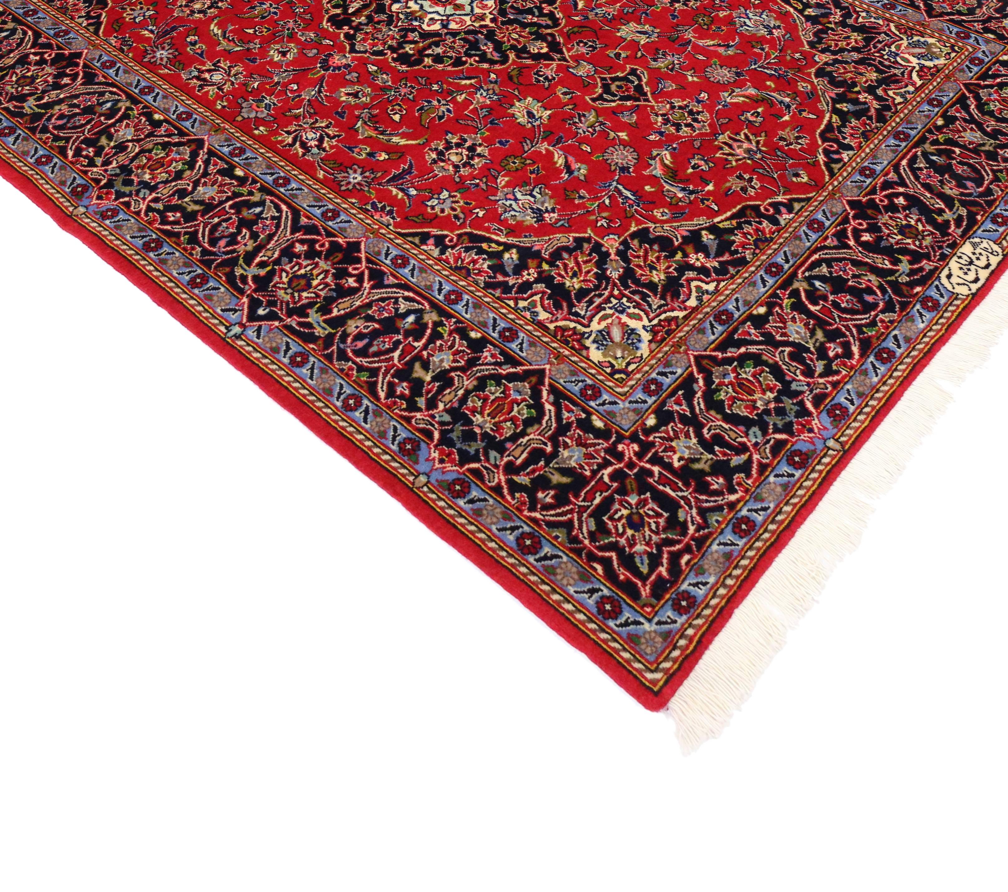 74338 vintage Persian Kashan Rug with modern traditional style 04'00 X 05'06. This hand-knotted wool vintage Persian Kashan rug features a modern traditional style. A cartouche style grand medallion takes centre stage in a red field surrounded by an
