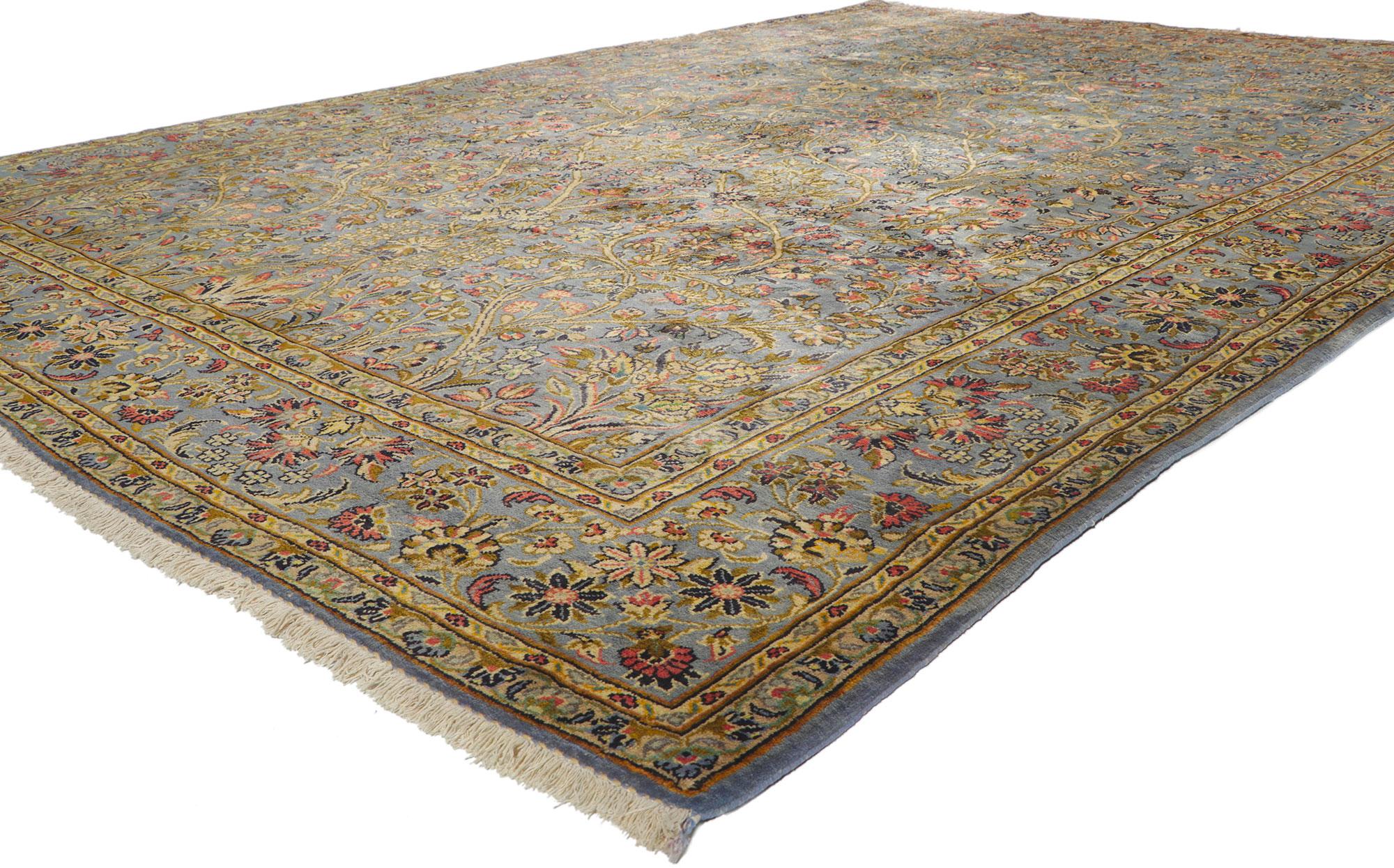 61037 Vintage Persian Kashan Rug, 07'11 x 11'06. Emanating an aura of refined tranquility and warmth, this hand-knotted wool vintage Persian Kashan rug unveils a symphony of sophistication through its intricate pattern and graceful color palette. A