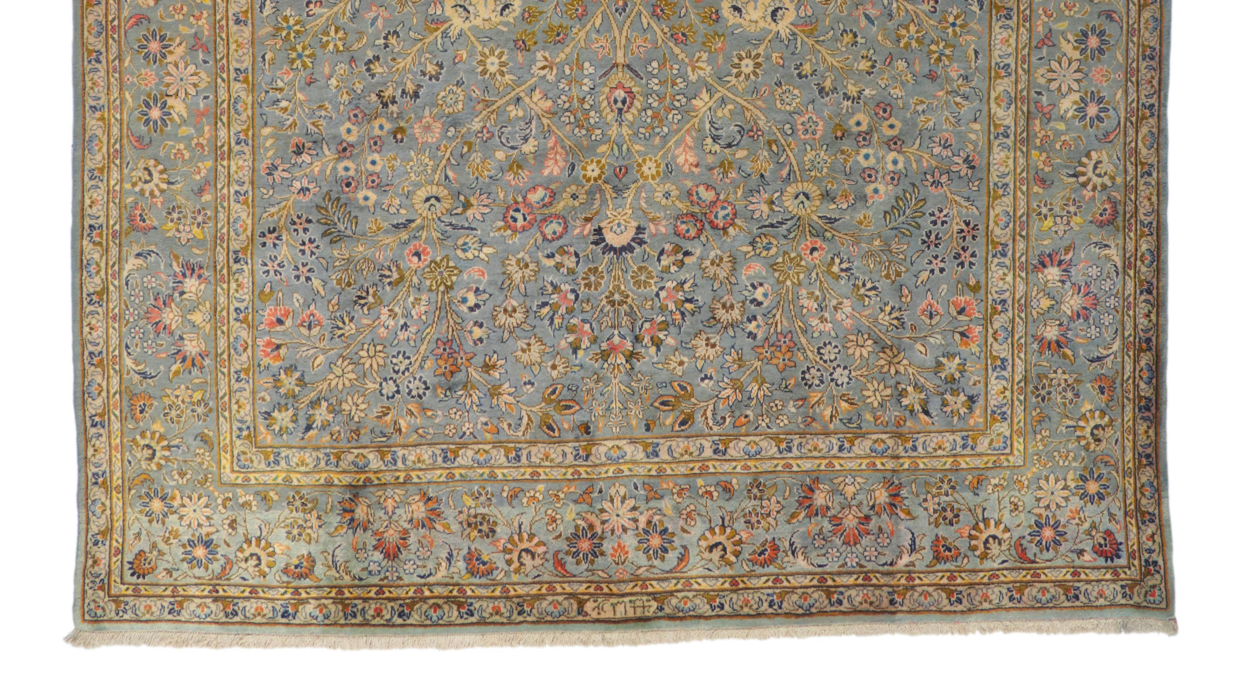 Signed Vintage Persian Kashan Rug, Refined Tranquility Meets Timeless Elegance For Sale 6