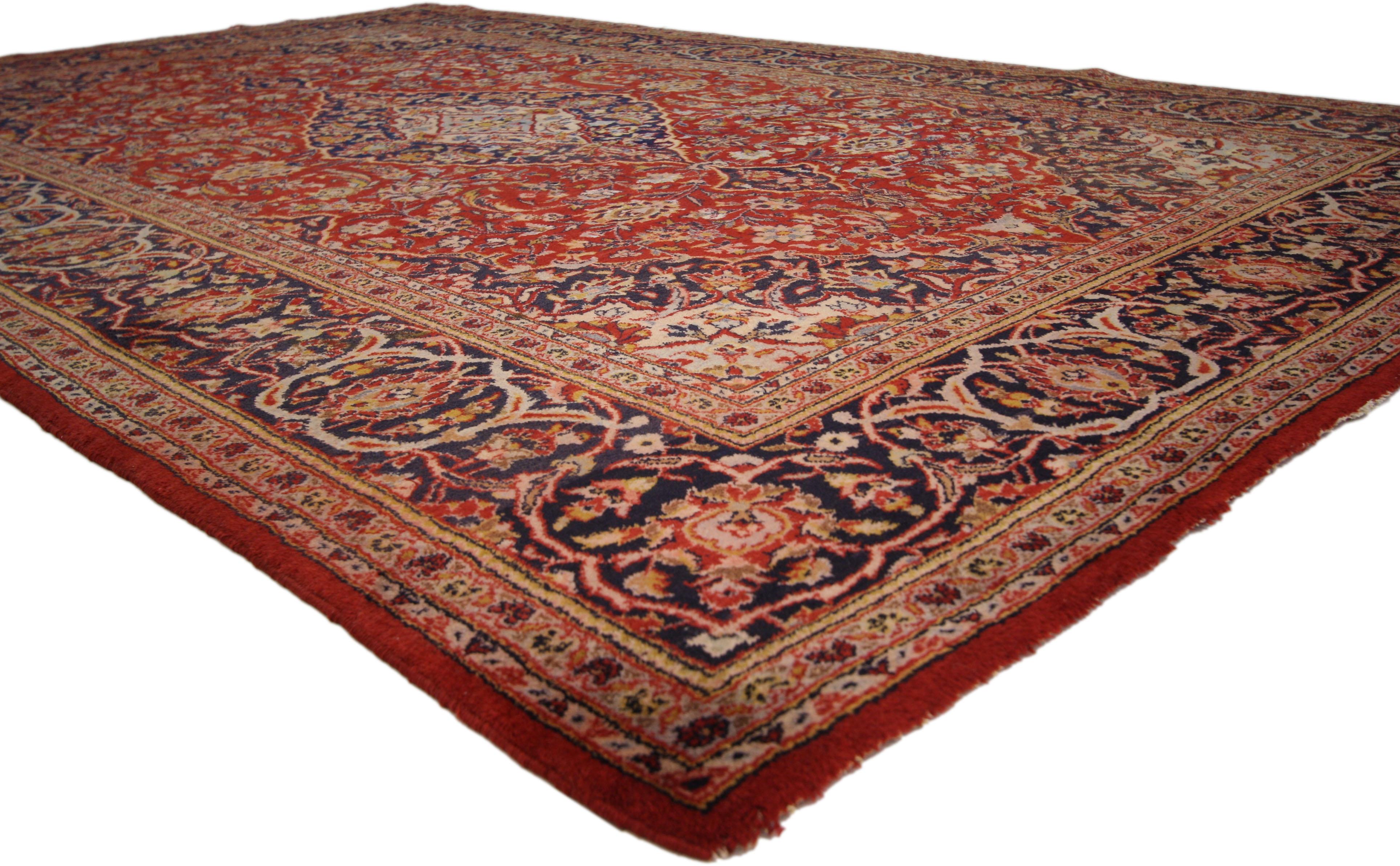 ​71934 Vintage Persian Kashan Rug with Traditional Colonial and Federal Style 06'10 x 10'09. This hand-knotted wool vintage Persian Kashan rug features an almond shaped cusped central medallion anchored with trefoil and palmette pendants on either