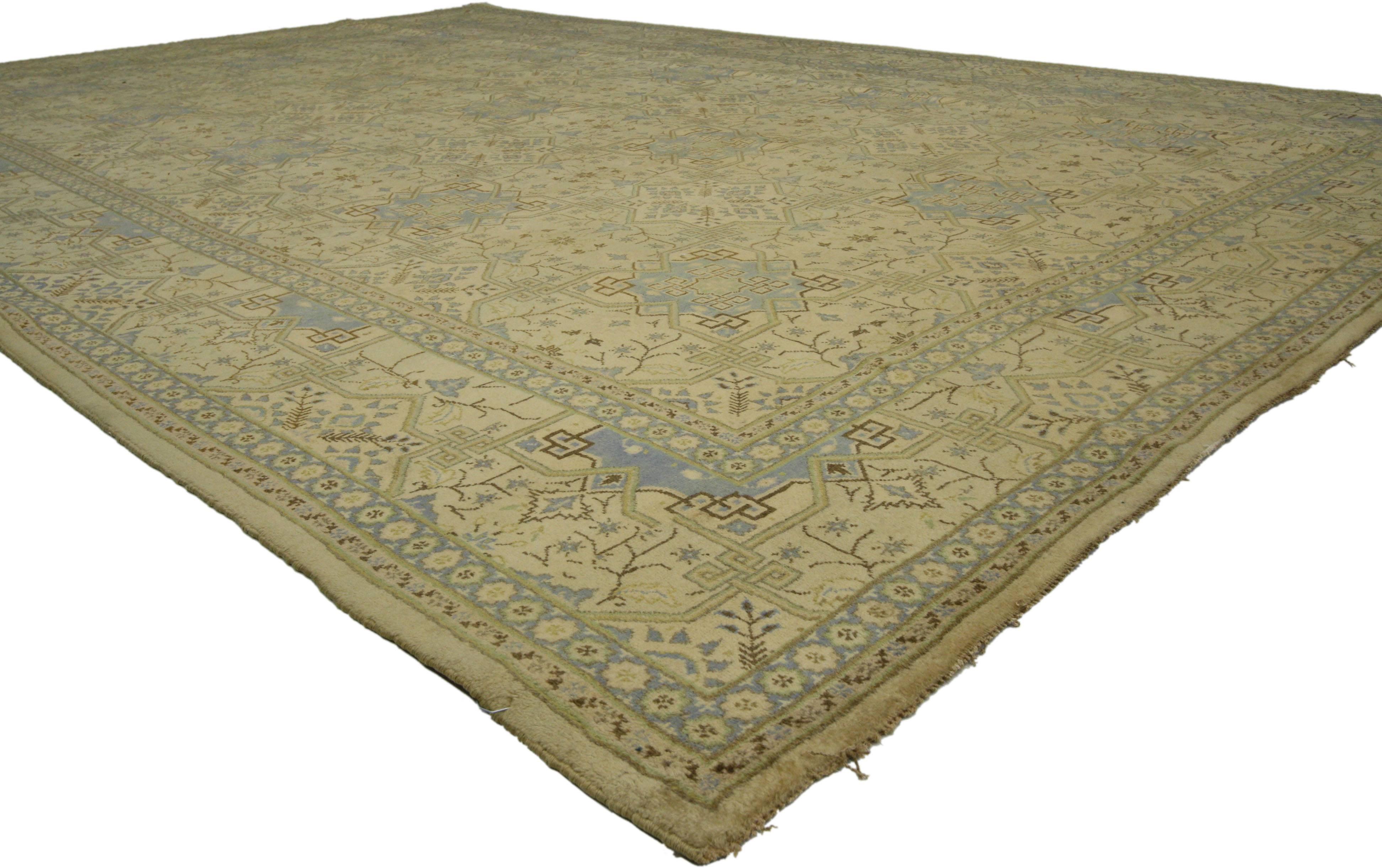 75179, Vintage Persian Kashan Rug with Traditional Style. Warm and inviting with ornate details, this hand knotted wool vintage Persian Kashan rug is poised to impress. The tan colored field is covered in a well-balanced all-over geometric design