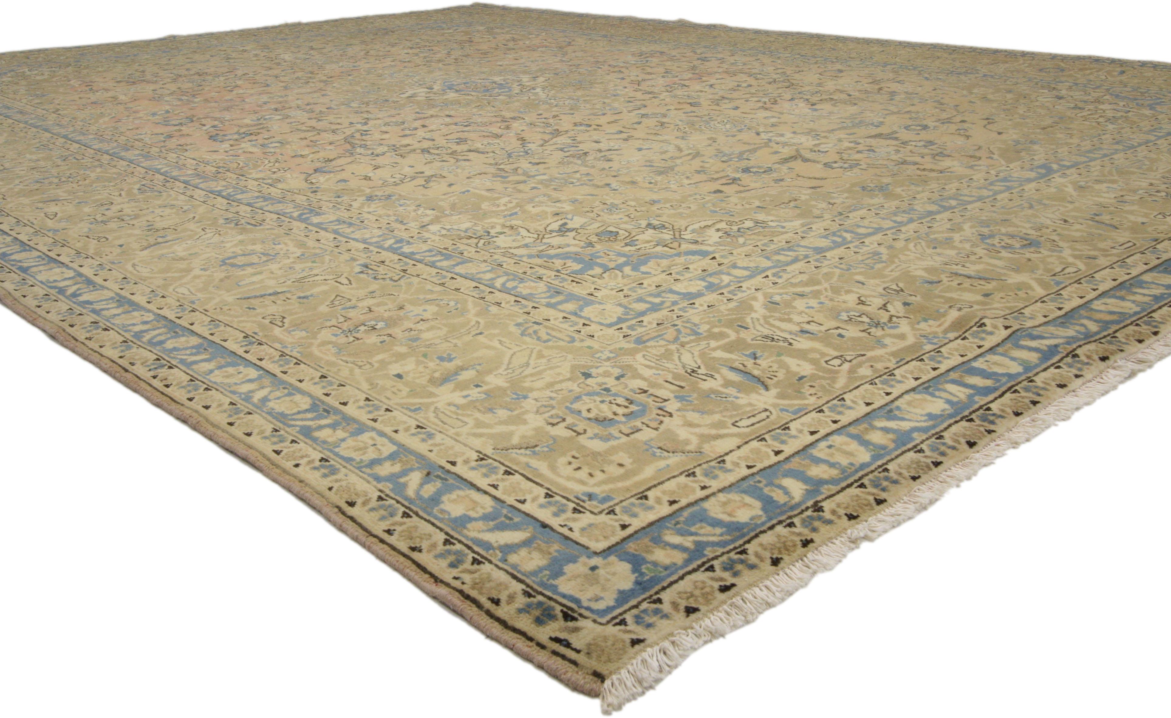 76436, vintage Persian Kashan rug with traditional style. This hand-knotted wool vintage Persian Kashan rug with Traditional style features an elaborate cream and sky-blue medallion with pale brown and ecru accents surrounded by a dense floral