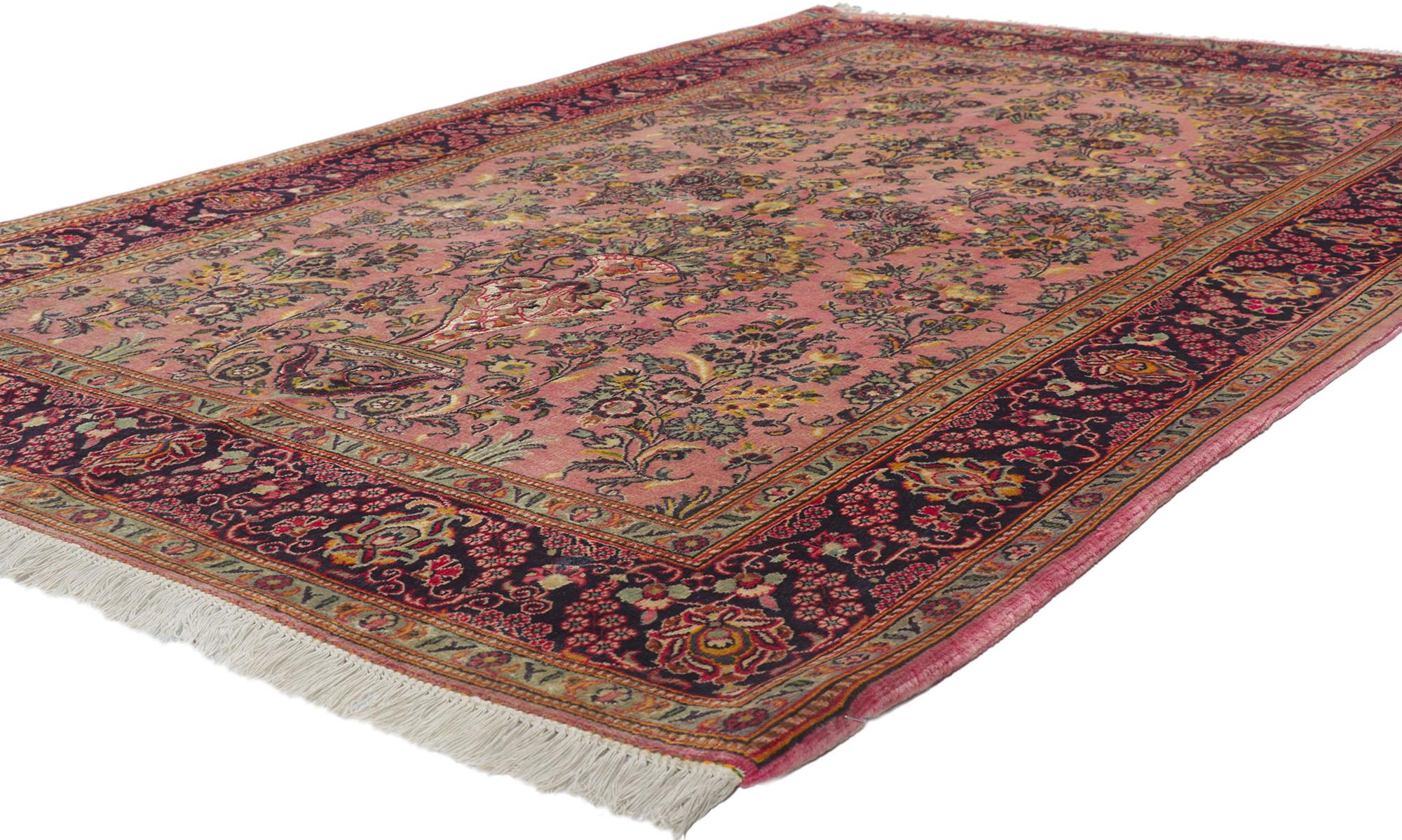 61027 Vintage Persian Kashan rug with vase design 04'10 x 07'04. With timeless floral design and effortless beauty, this hand knotted wool and silk vintage Persian Kashan rug is a captivating vision of woven beauty. The abrashed pink colored field