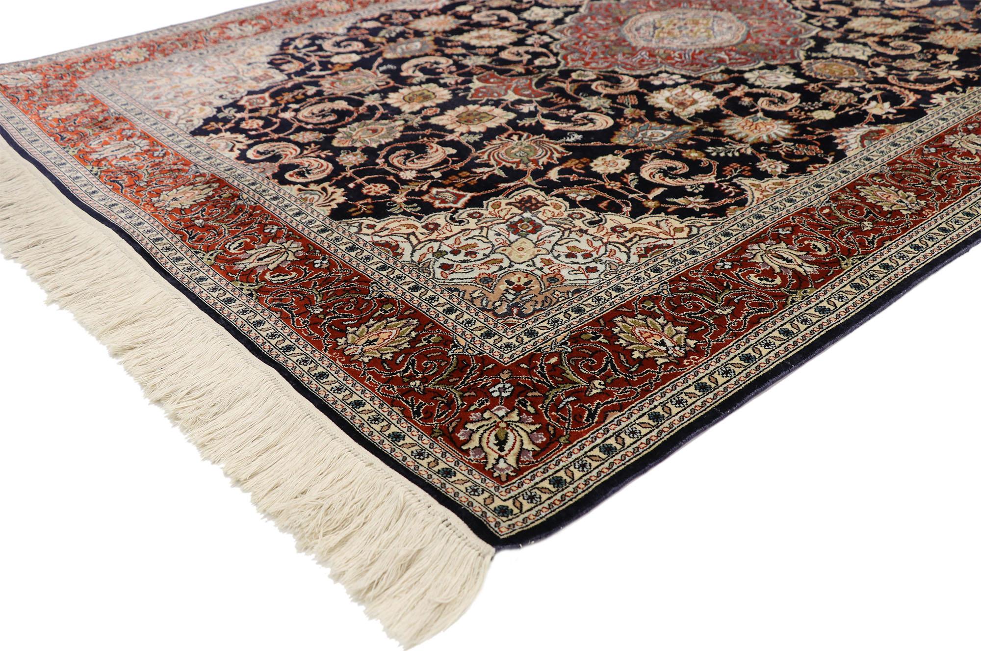 77371, Vintage Persian Kashan Silk Rug with Old World Dutch Renaissance Style 04'01 x 06'01. With its timeless elegance and regal charm, this hand knotted silk vintage Persian Kashan accent rug features a sixteen point scalloped medallion anchored