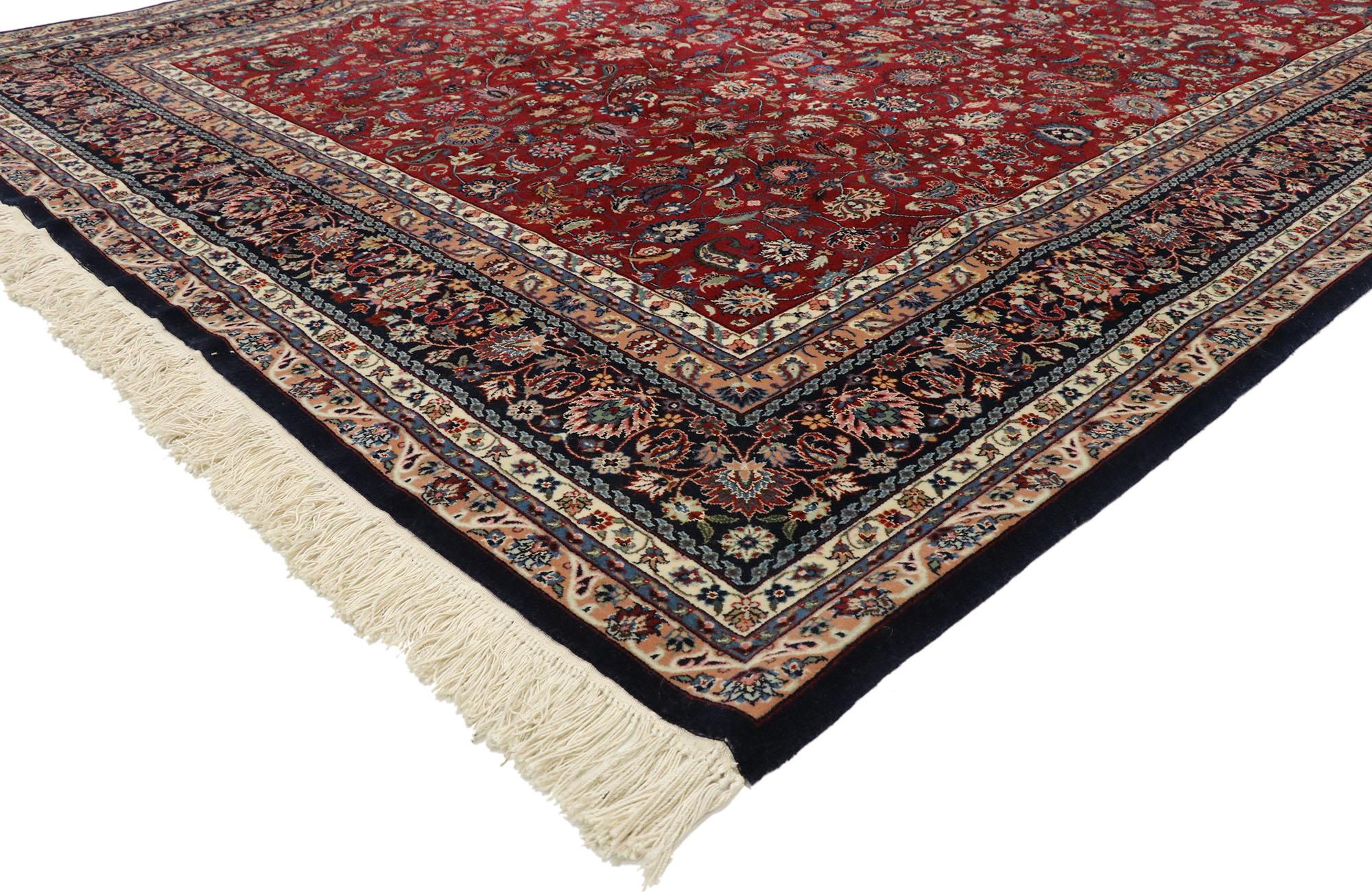 77526 vintage Persian Kashan style wool and silk 300 line rug with Traditional style. Vibrant colors with beguiling ambiance, this hand knotted wool and silk fine Chinese rug beautifully embodies a Persian Kashan design with traditional style. The