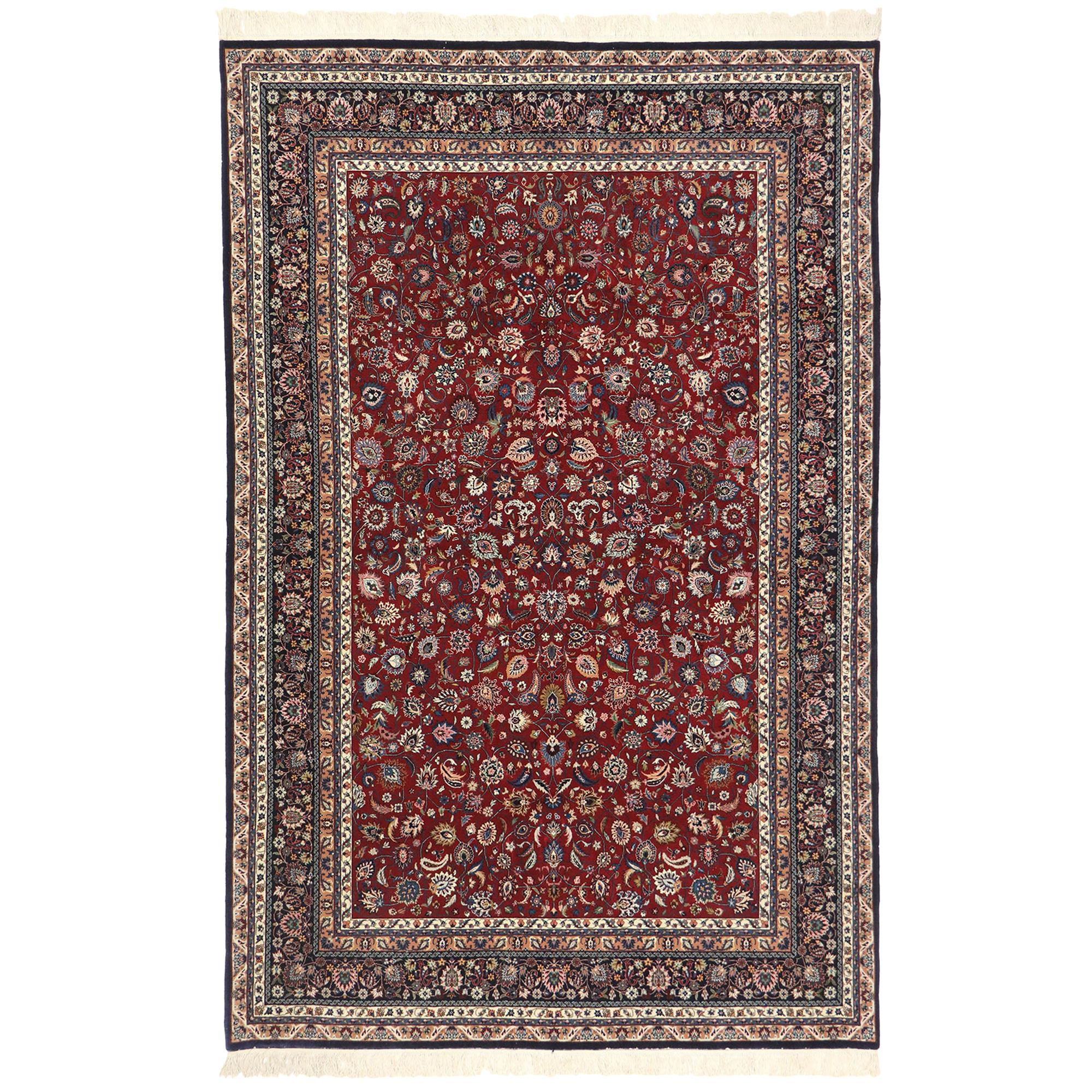Vintage Persian Kashan Style Wool and Silk 300 Line Rug with Traditional Style For Sale