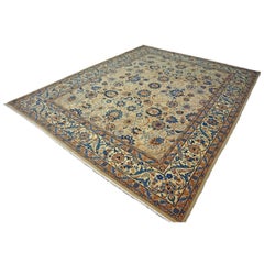 Vintage Persian Kashan Wool 8x10 Light Green, Camel & Ivory Handmade Area Rug