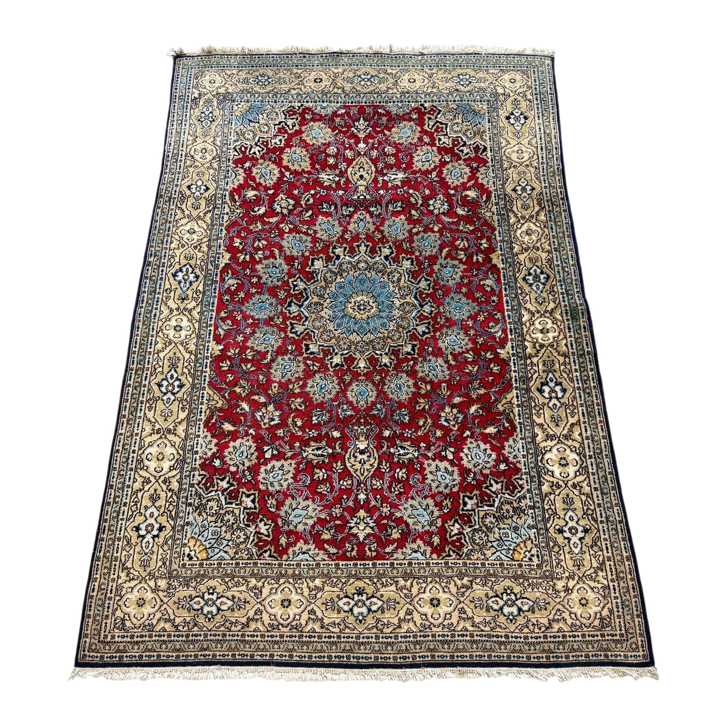 Vintage Persian Kashan Wool Rug with Red Field and Floral Medallion