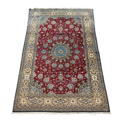 Vintage Persian Kashan Wool Rug with Red Field and Floral Medallion