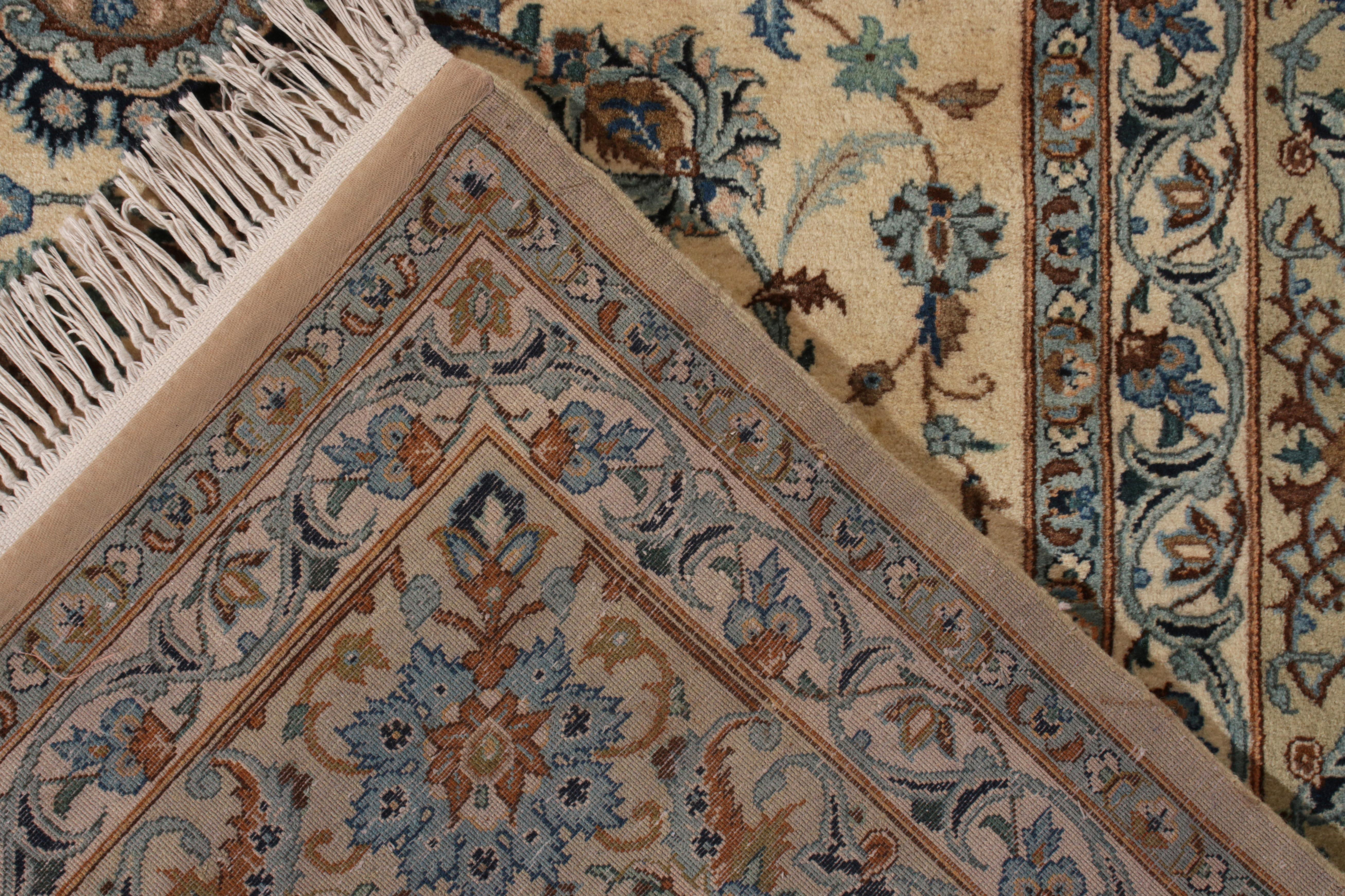 Wool Vintage Persian Kashani Rug in Beige-Brown, Blue Floral Pattern