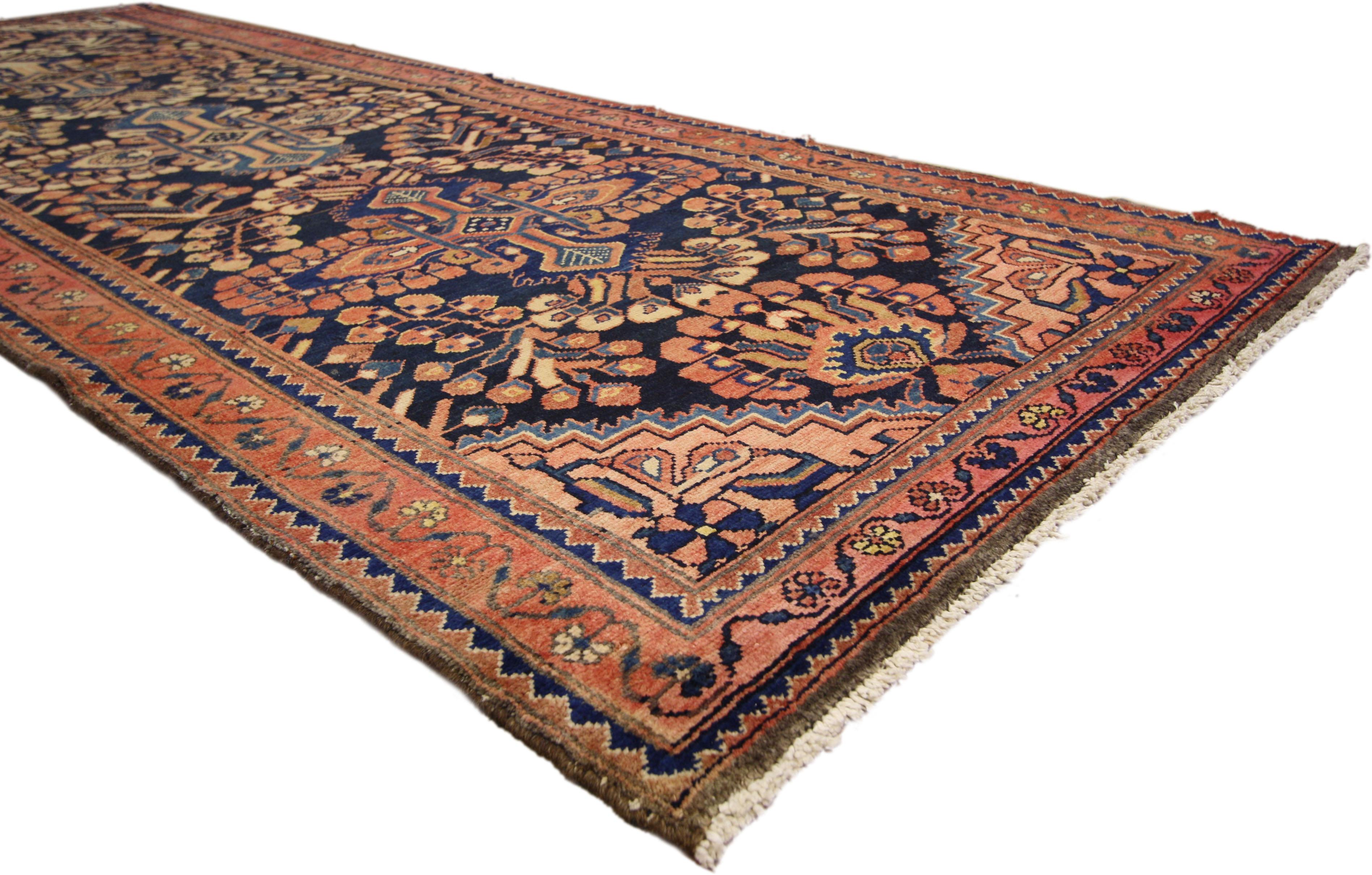 Hand-Knotted Vintage Persian Kasvin Hamadan Runner with Sarouk Design, Hallway Runner