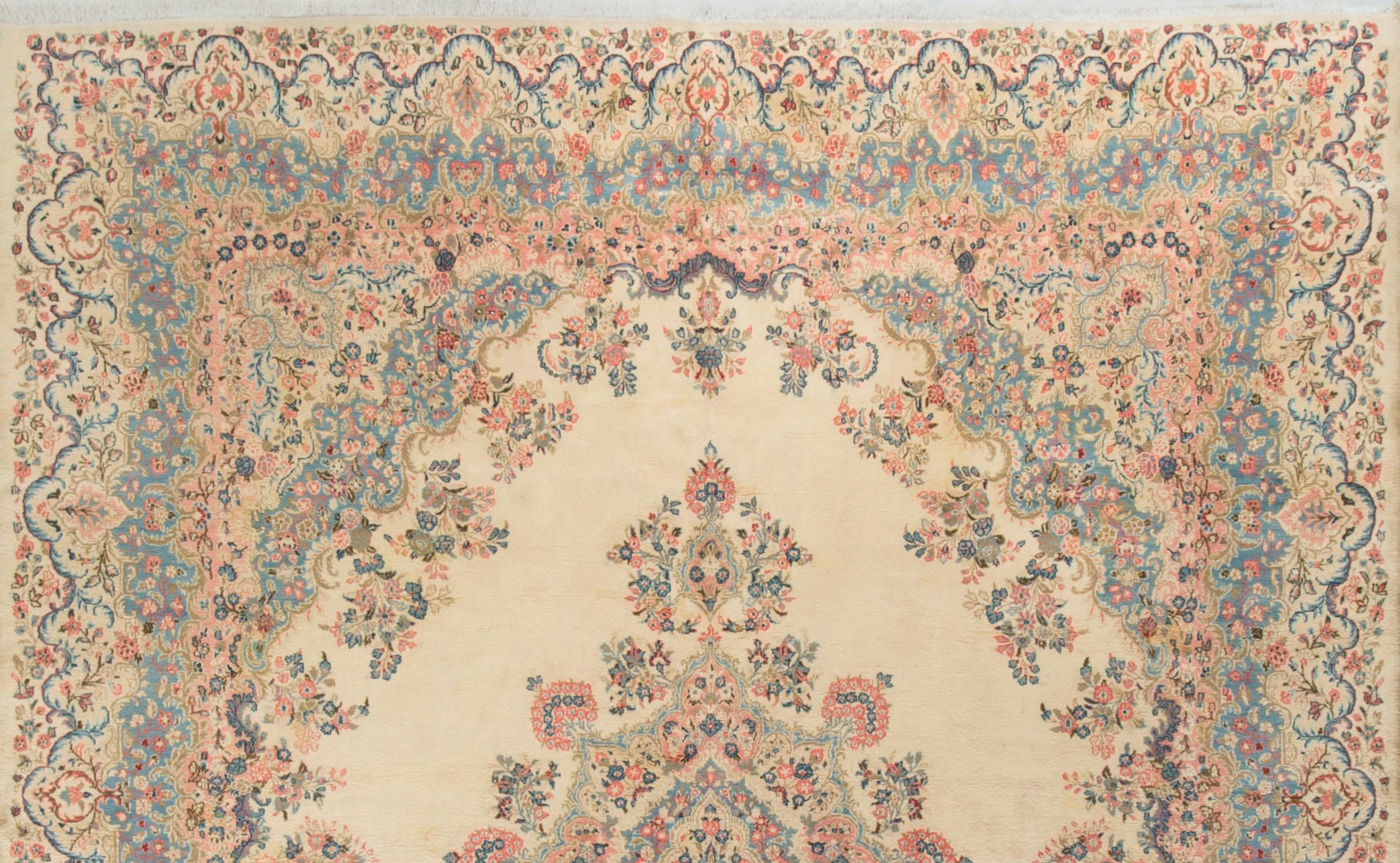 Kazvin or Gazvin is situated about 100 miles west of Tehran and produced carpets up to circa 1950. The colors Ivory and Light Blue suggest a light and delicate color palette, which is often associated with Persian rugs. Persian rugs usually have a