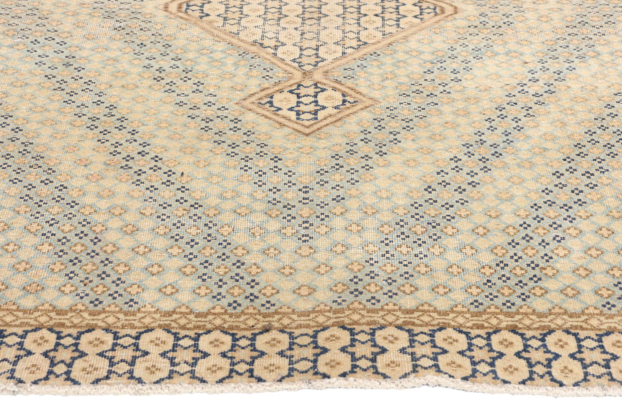 53752 Vintage-Worn Persian Kerman Rug, 05'03 x 06'01. Antique-washed Persian Kerman rugs are vintage rugs that undergo a specialized washing process to soften the colors, fade the patterns slightly, and create a weathered effect, simulating the look