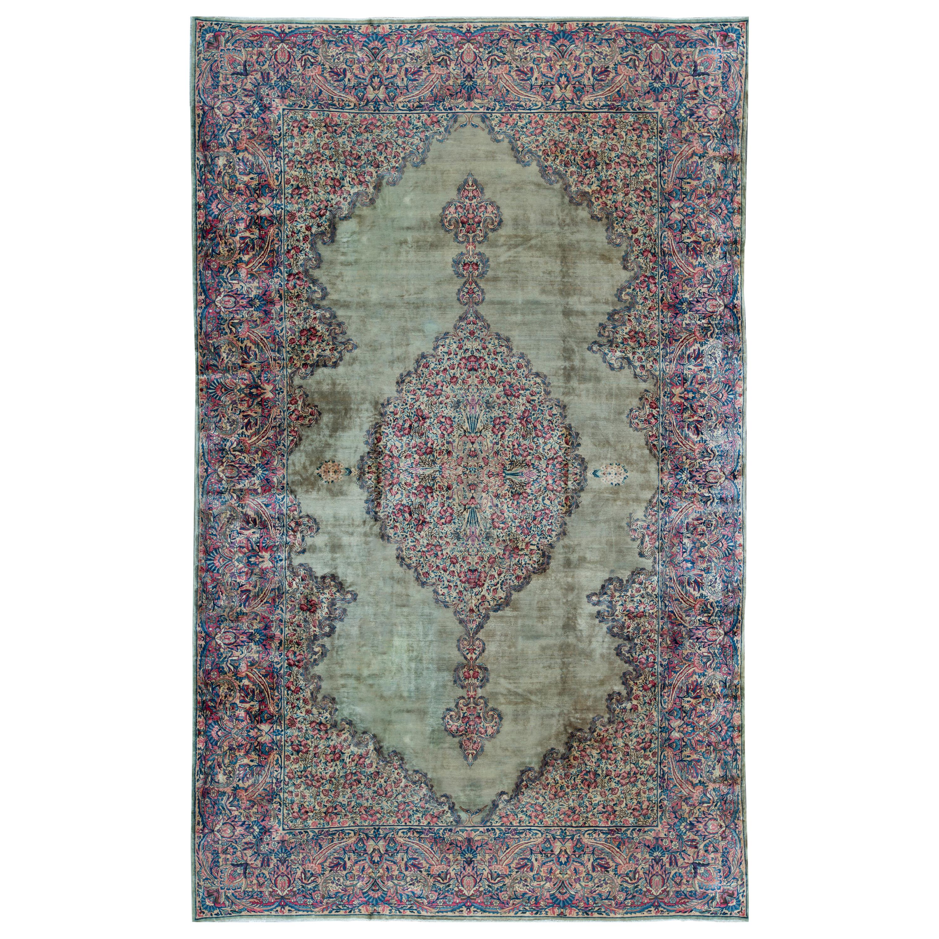 Traditional Handwoven Vintage Persian Kerman Green / Ivory