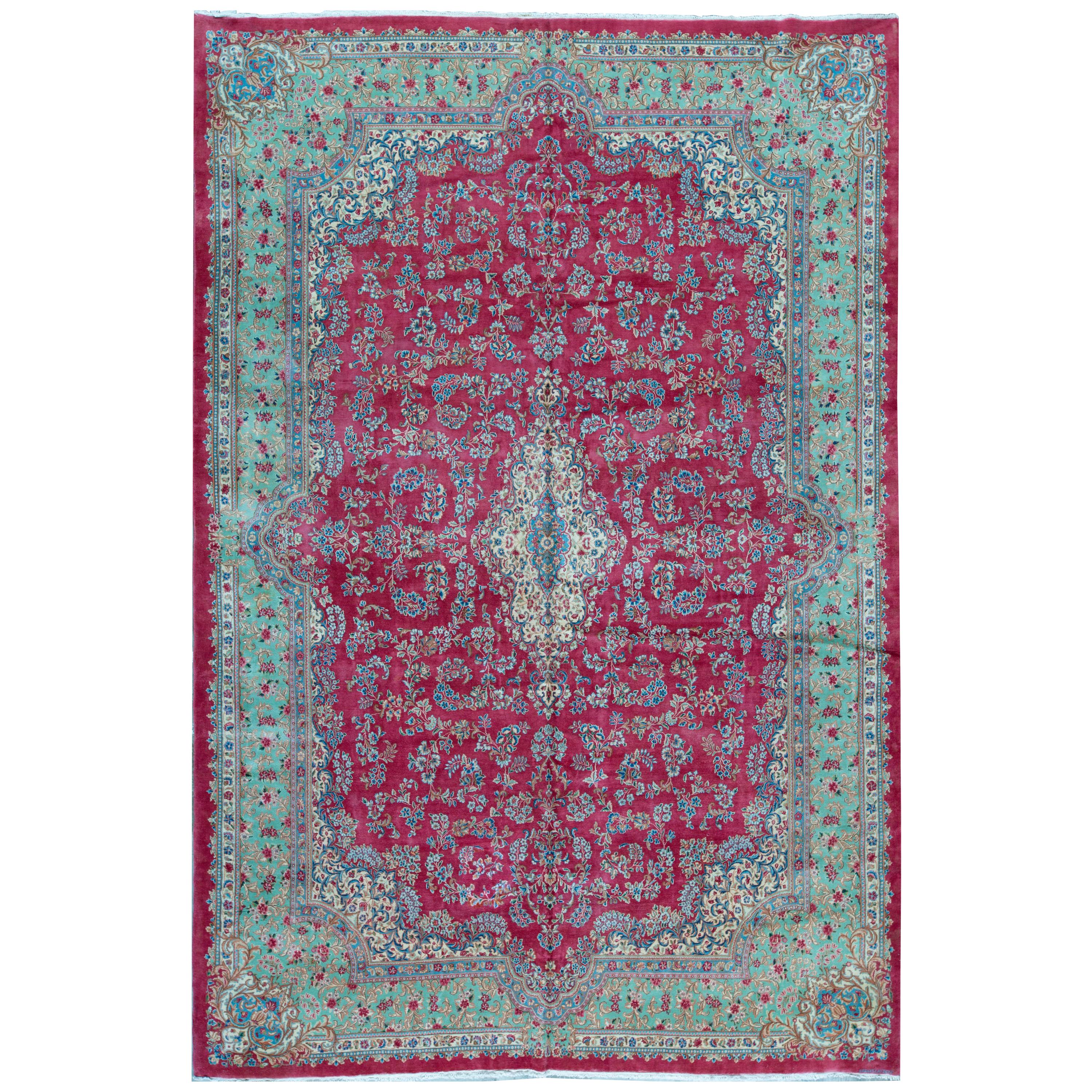 Traditionelle handgewebte Vintage Persische Kerman Rose / Grün
