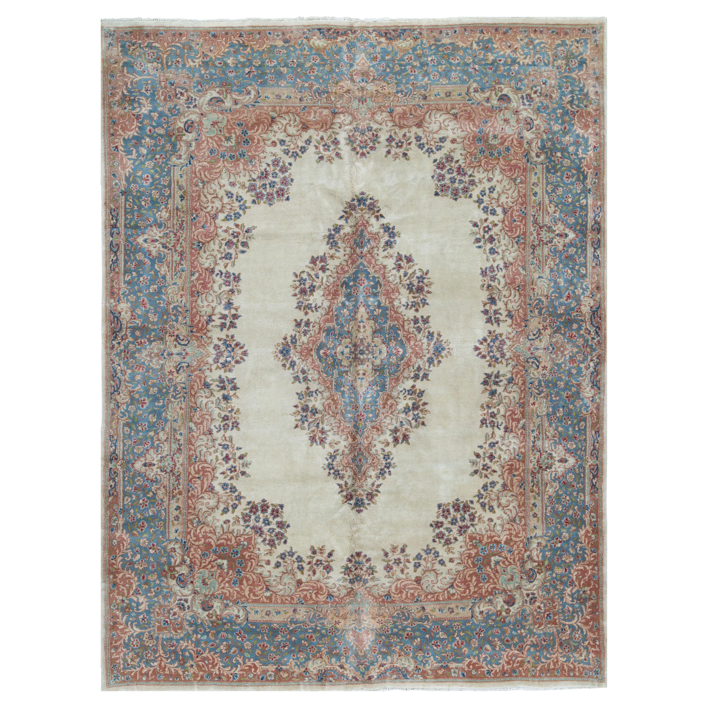Traditional Handwoven Vintage Persian Kerman Ivory / Blue For Sale
