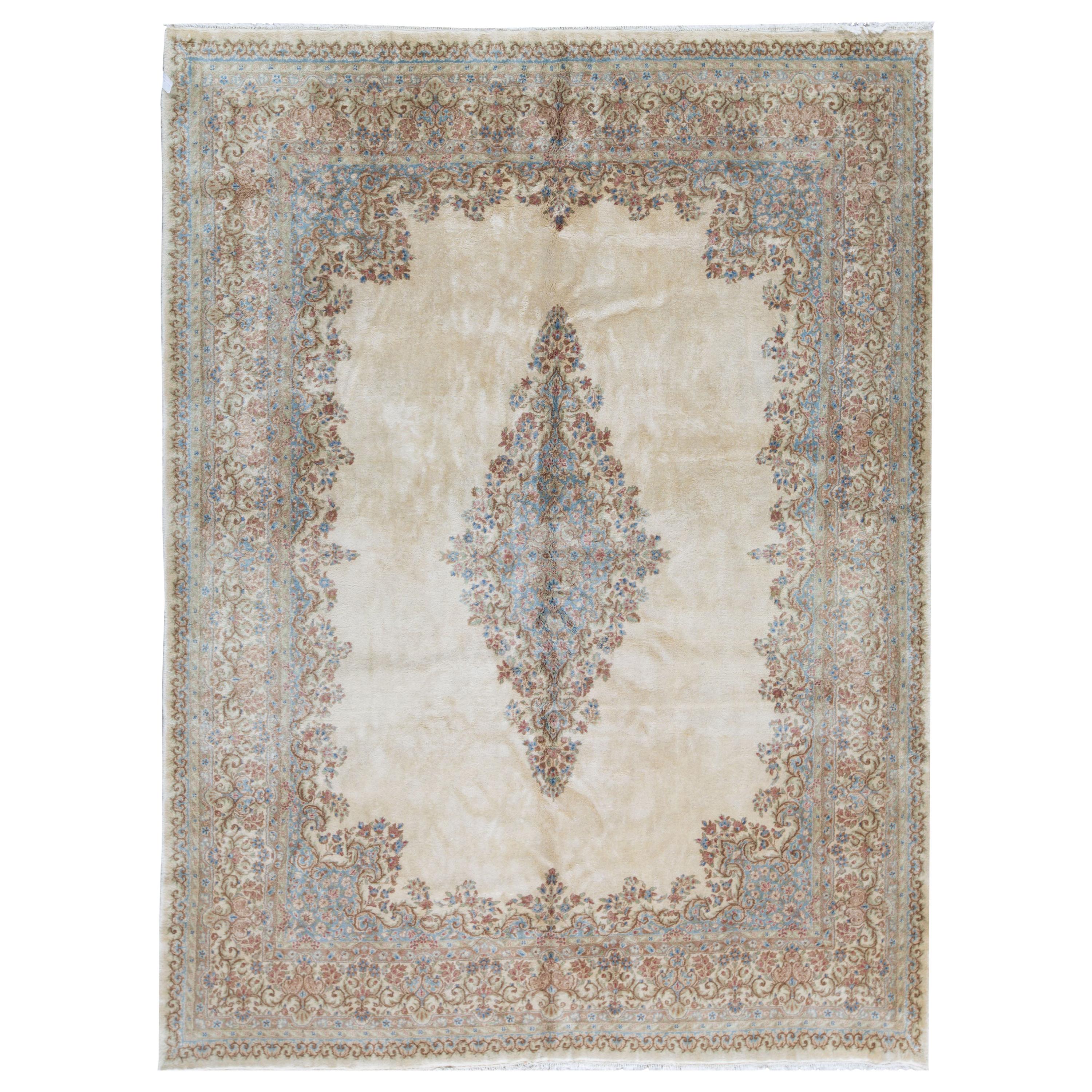  Traditional Handwoven Vintage Persian Kerman Ivory / Blue For Sale