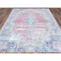 Pink Vintage Zoroastrian Karman Distressed Look Worn Down Wool Hand Knotted Rug